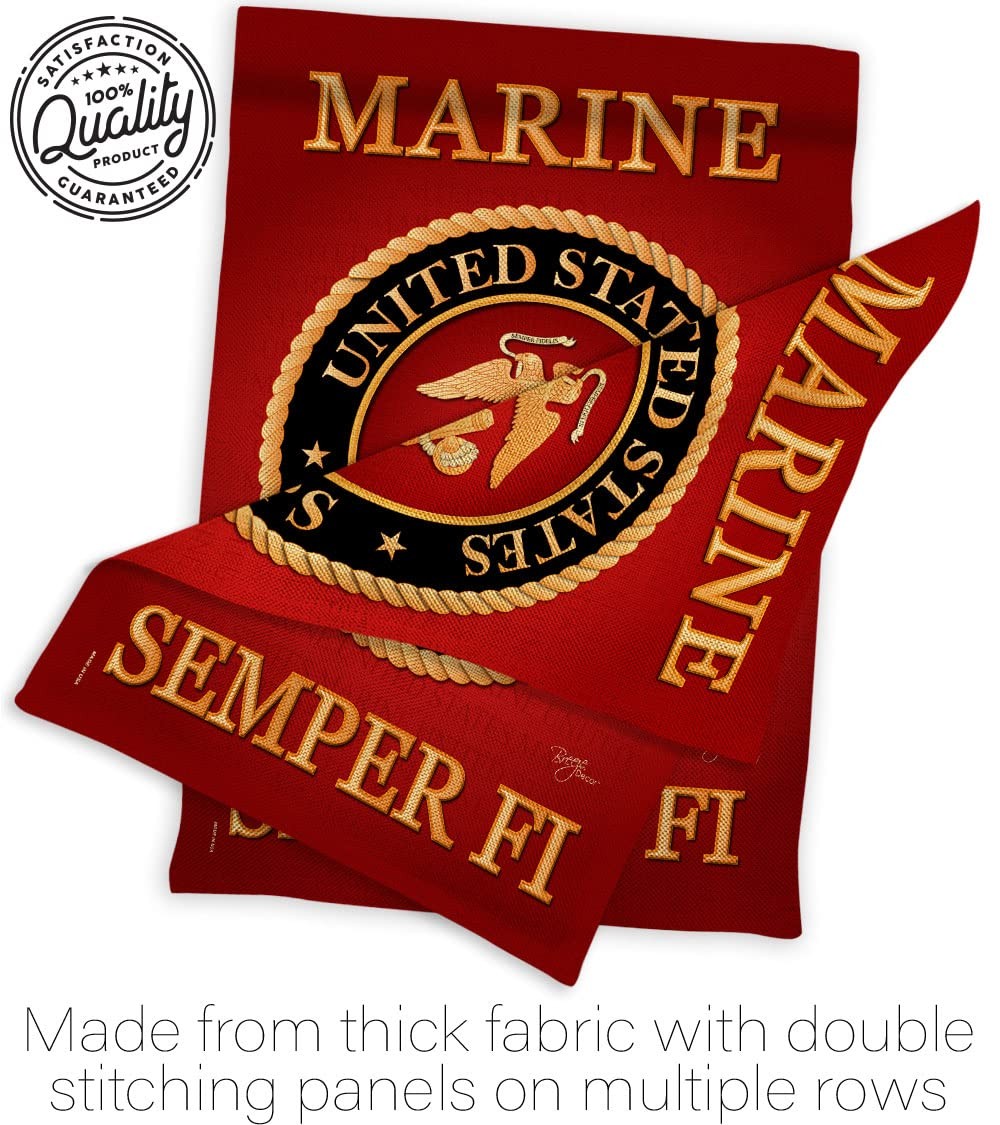 Marine Corps burlap garden flag by Breeze Decor featuring USMC Armed Forces design on a stand in a garden setting.