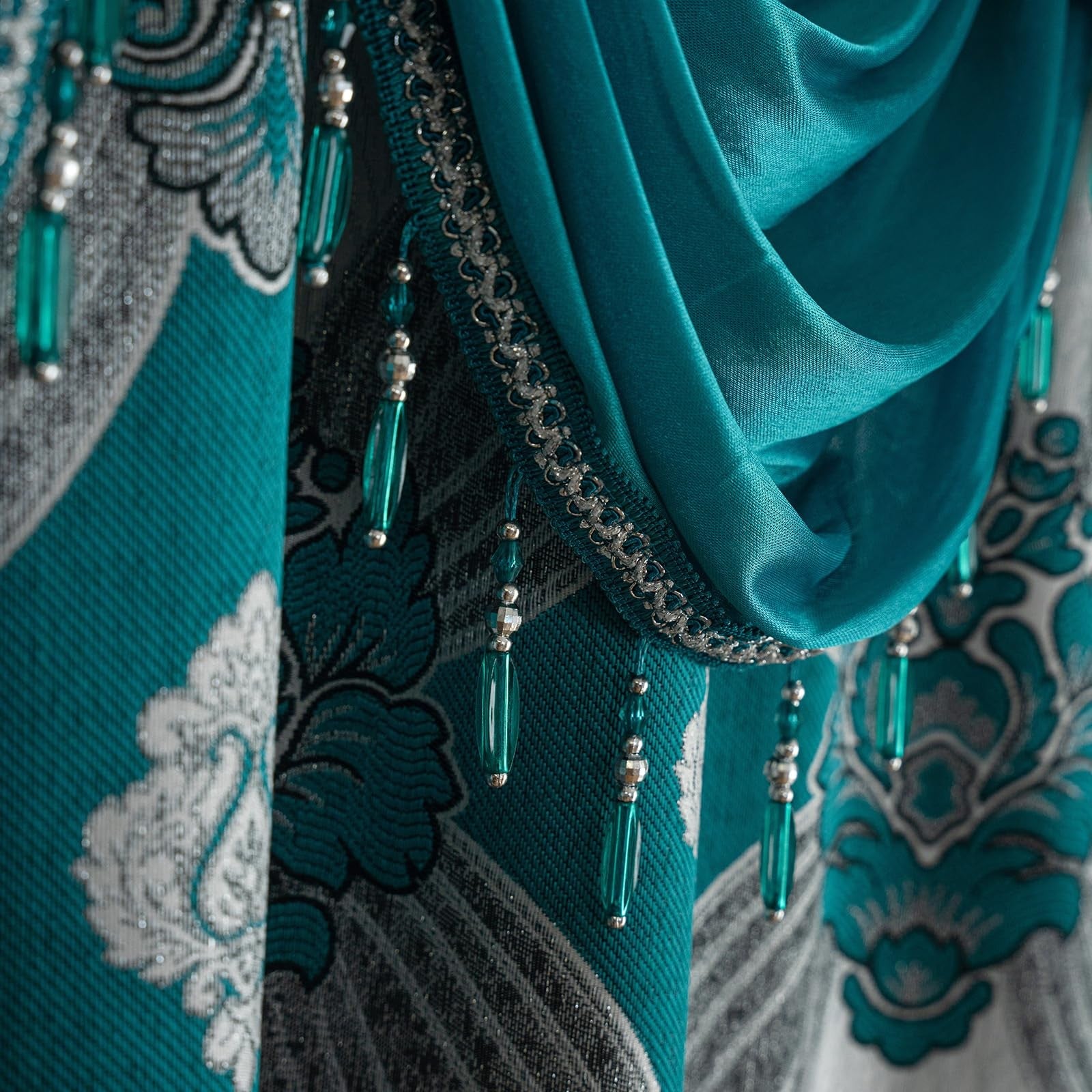Petrichor elegant curtains with gold and silver threads, two-panel set, luxurious window treatment with intricate fabric design.