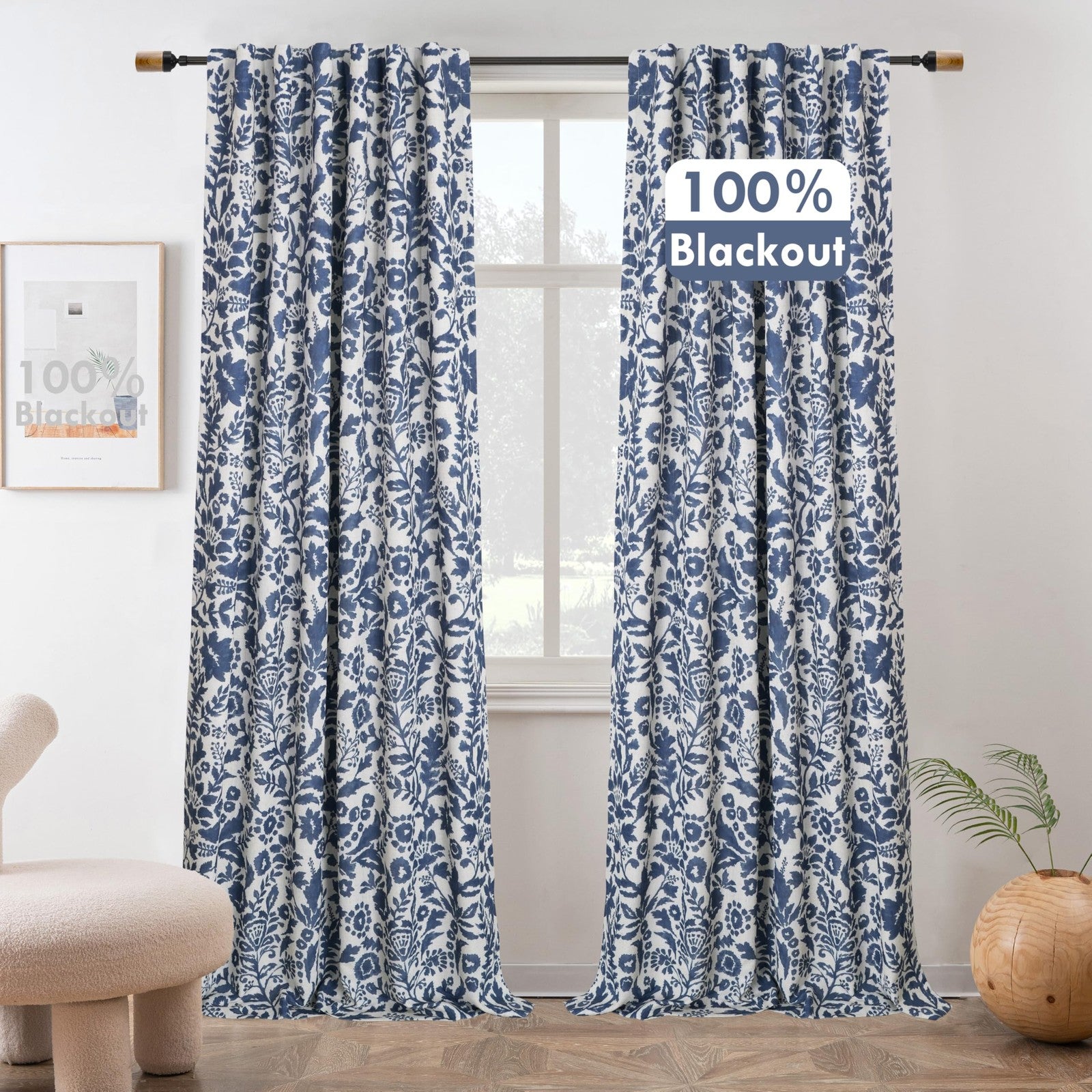 DriftAway Julia Watercolor blackout curtain with thermal lining, black and white abstract floral design hanging in a room.