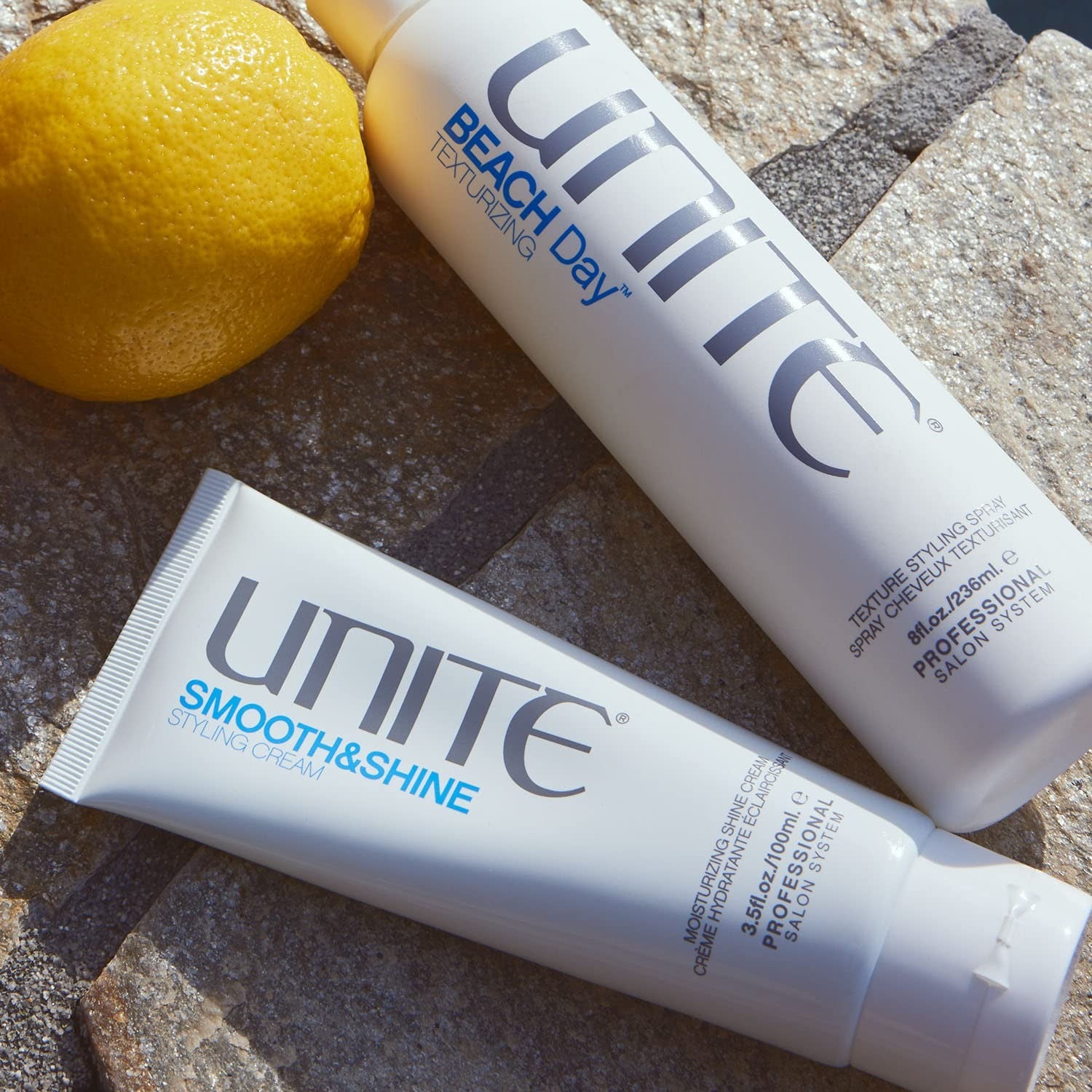 UNITE Hair SMOOTH&SHINE Styling Cream jar with product label, showcasing the 3.5 oz container for frizz control, shine, and softness.