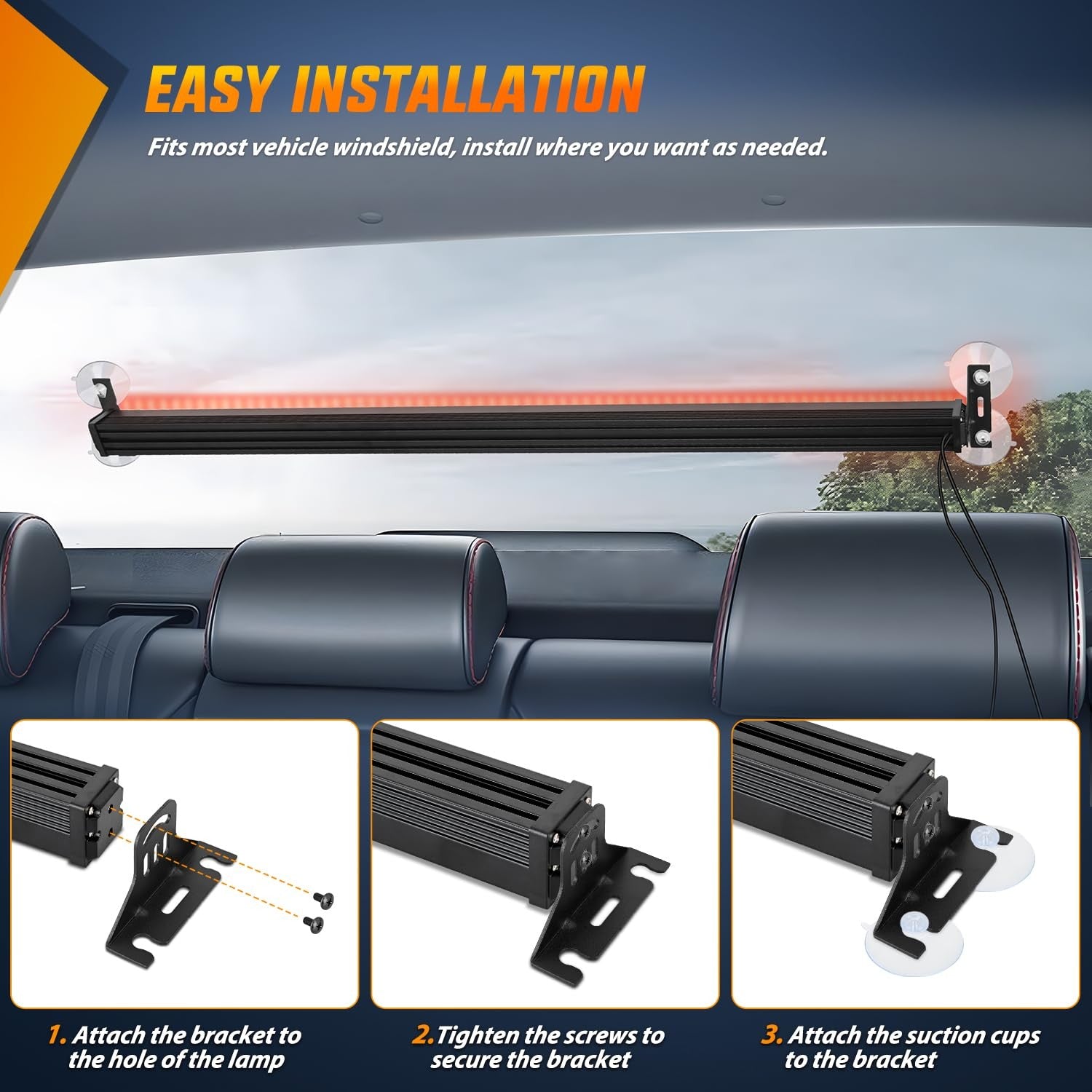 Nilight 144LED traffic advisor strobe light bar with controller in red emergency mode, mounted on vehicle for warning signals