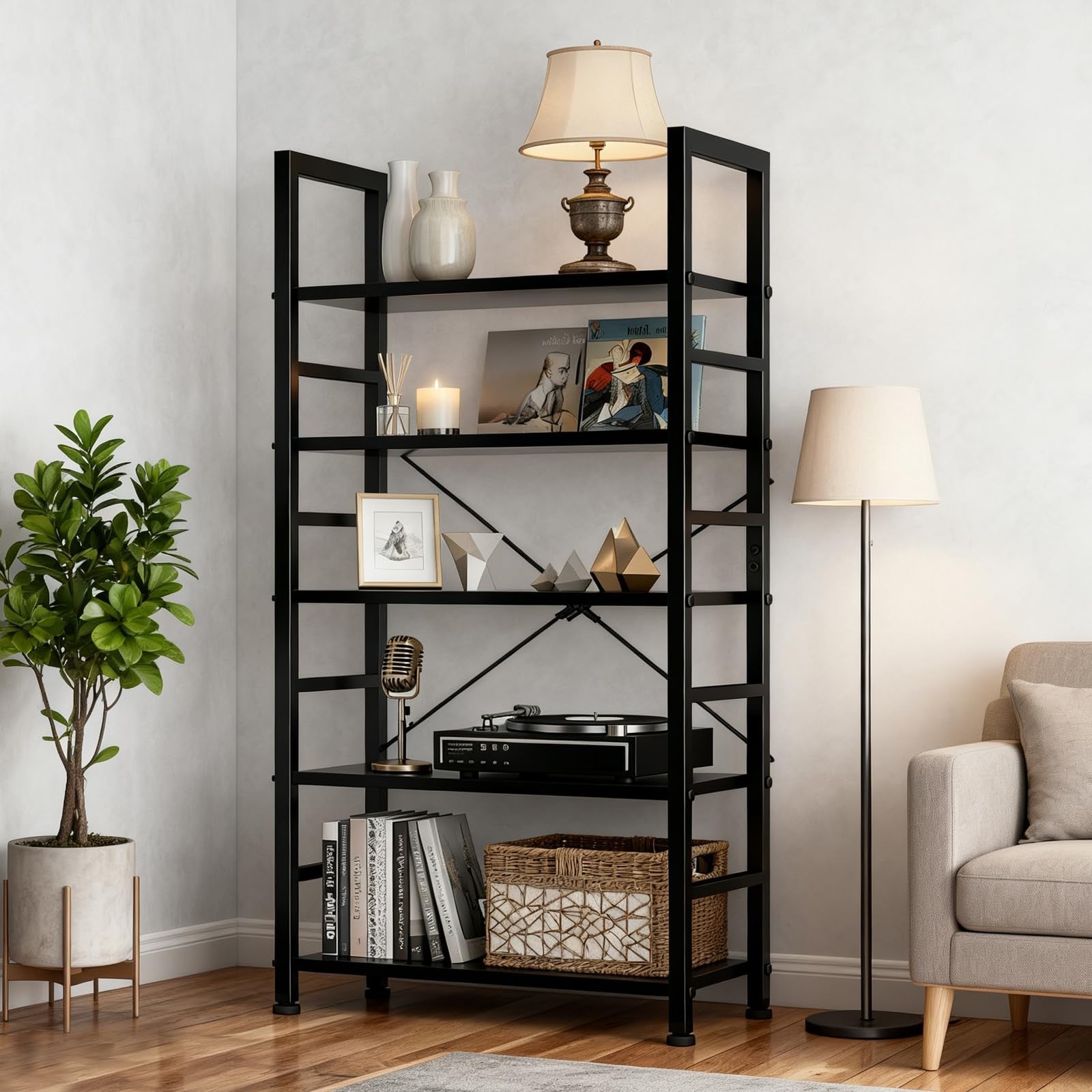 SageNest 5-tier wooden bookshelf with open storage shelves and metal frame, ideal for organizing books and decor.
