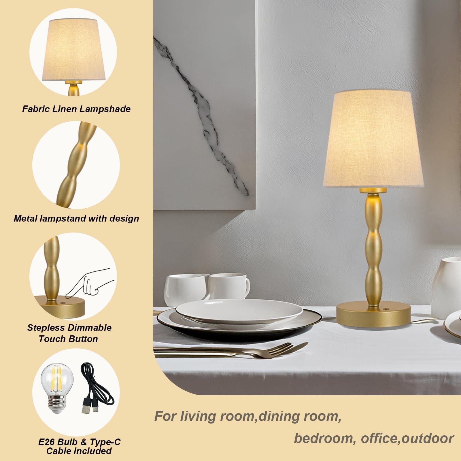 CASTLELIFE portable cordless touch desk lamp with rechargeable battery, compact LED table lamp for bedside or workspace lighting.