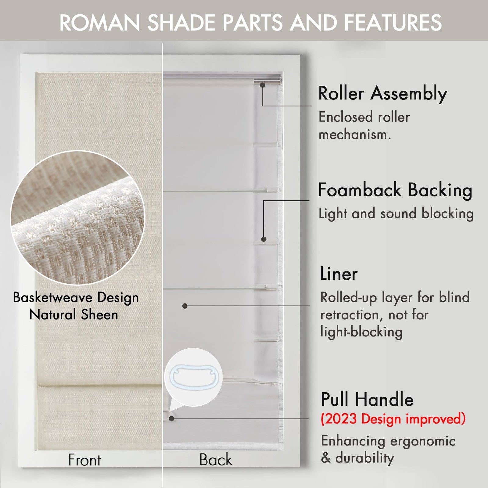 Madison Park Galen cordless Roman shade in sheen ivory, 27W x 64H, room darkening fabric, shown hanging in a window.