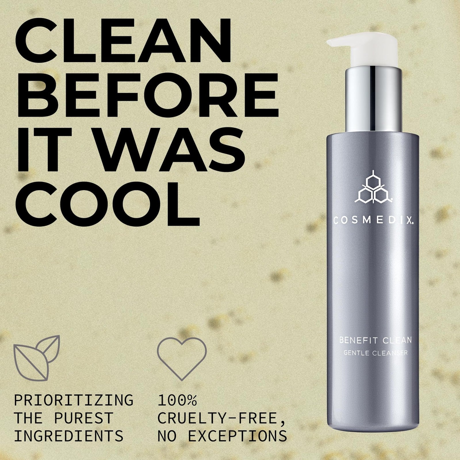 COSMEDIX Benefit Clean gentle face wash gel with hydrating formula, shown in a clear bottle with a pump dispenser.
