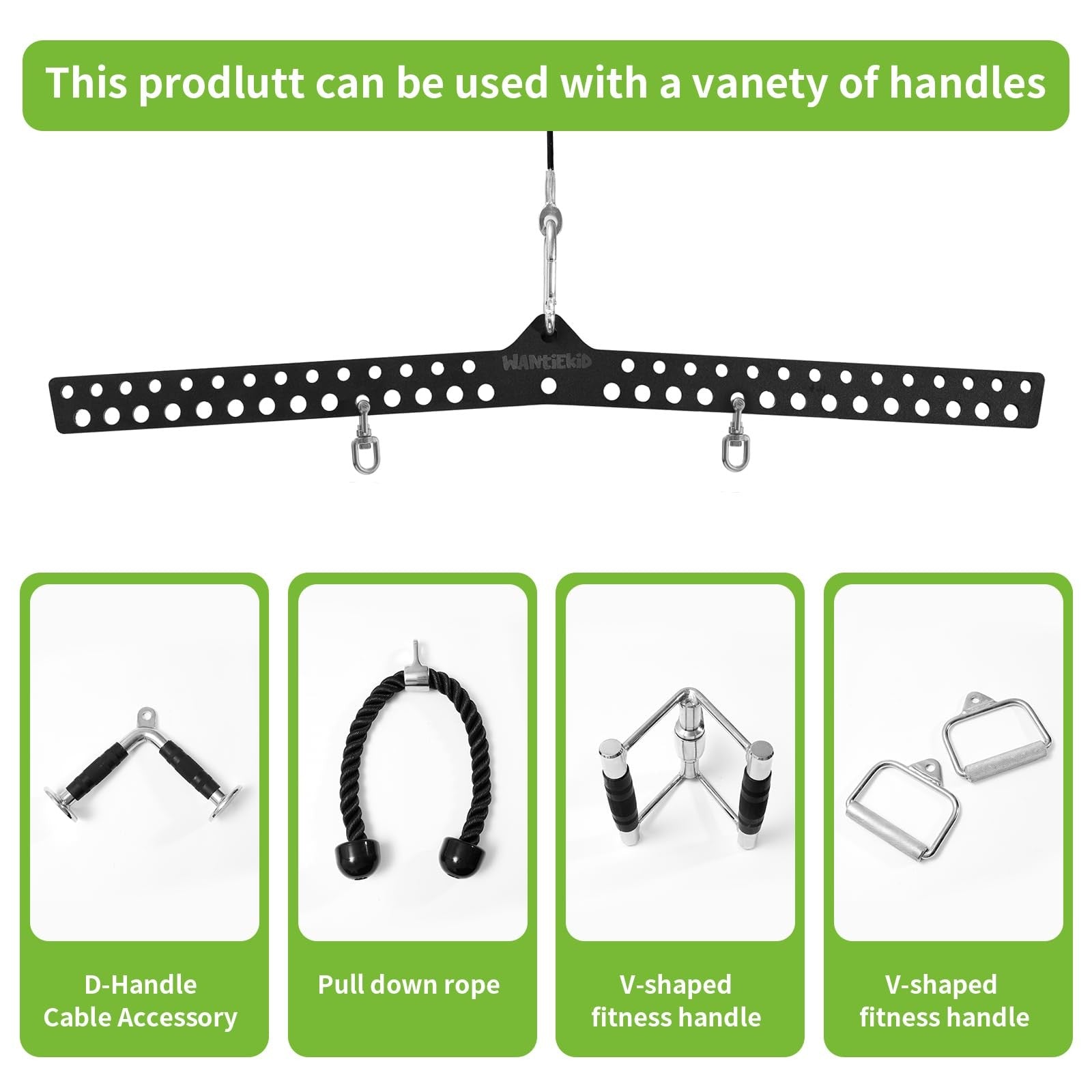 Wantiekid Multi-Grip LAT Pull Down Bar with 360° rotating adapter, 32-inch gym cable attachment for strength training exercises.