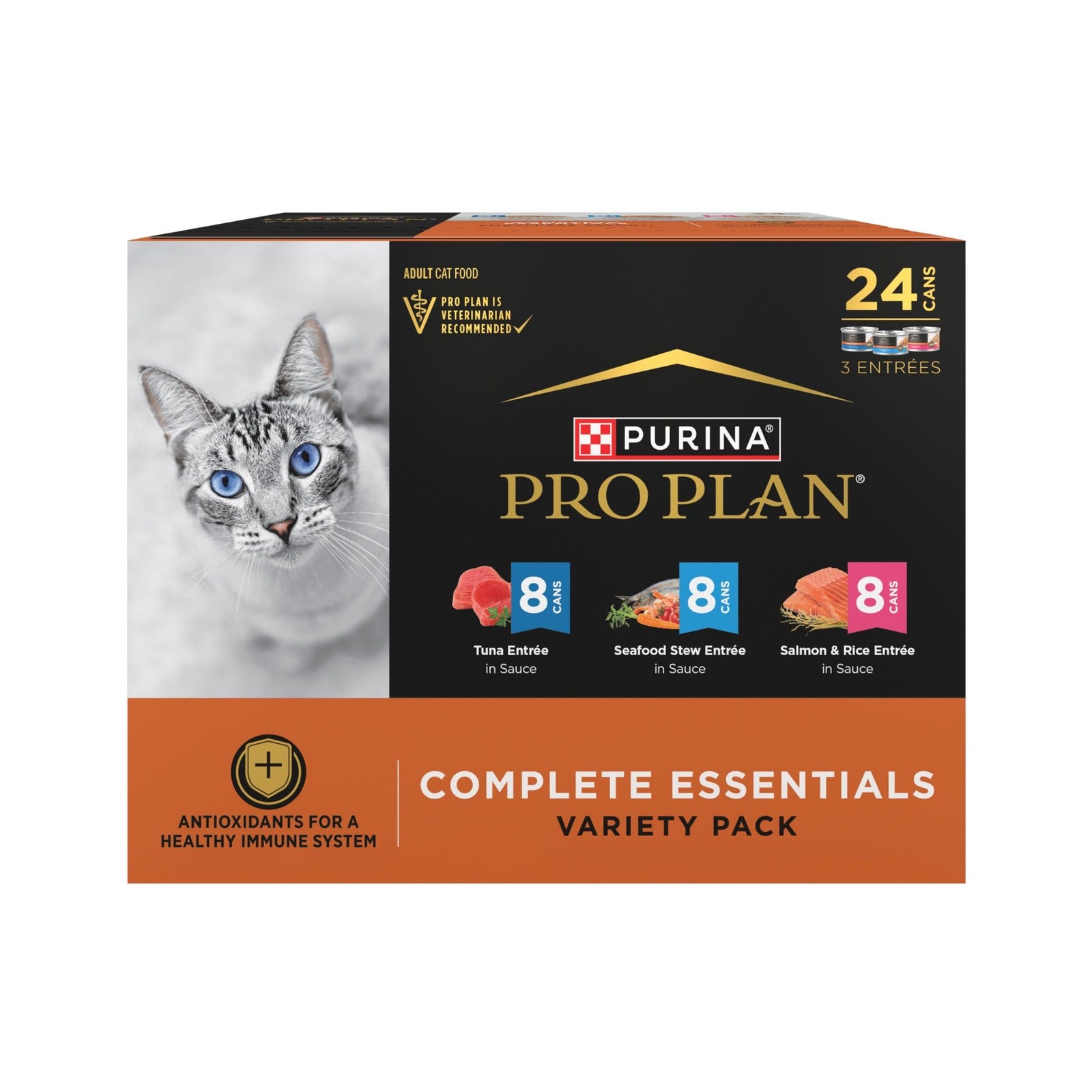Canned Purina Pro Plan High Protein Cat Food with seafood flavor, showing the wet cat food in a bowl with seafood pieces.