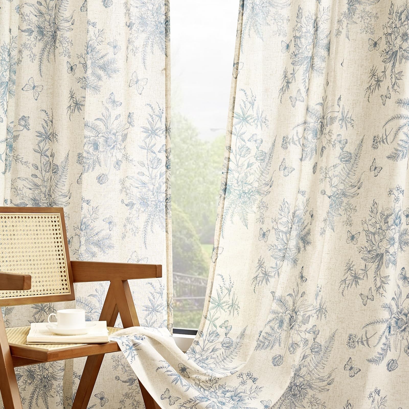 Blue Jinchan linen floral curtains for living room, 96-inch length, farmhouse style, featuring elegant floral patterns.