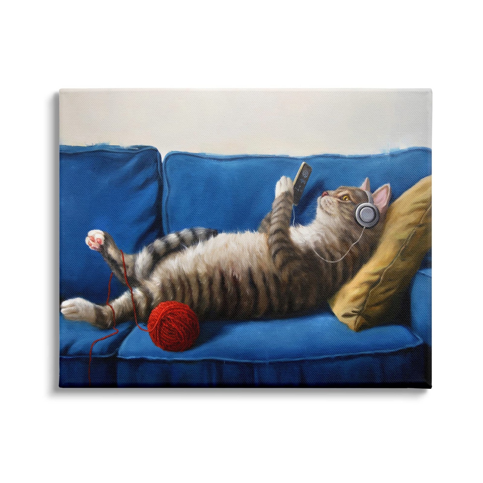 Stupell Industries Cat Couch Relaxing Red Yarn Ball pet portrait print featuring a cat on a couch with a red yarn ball design by Luci.