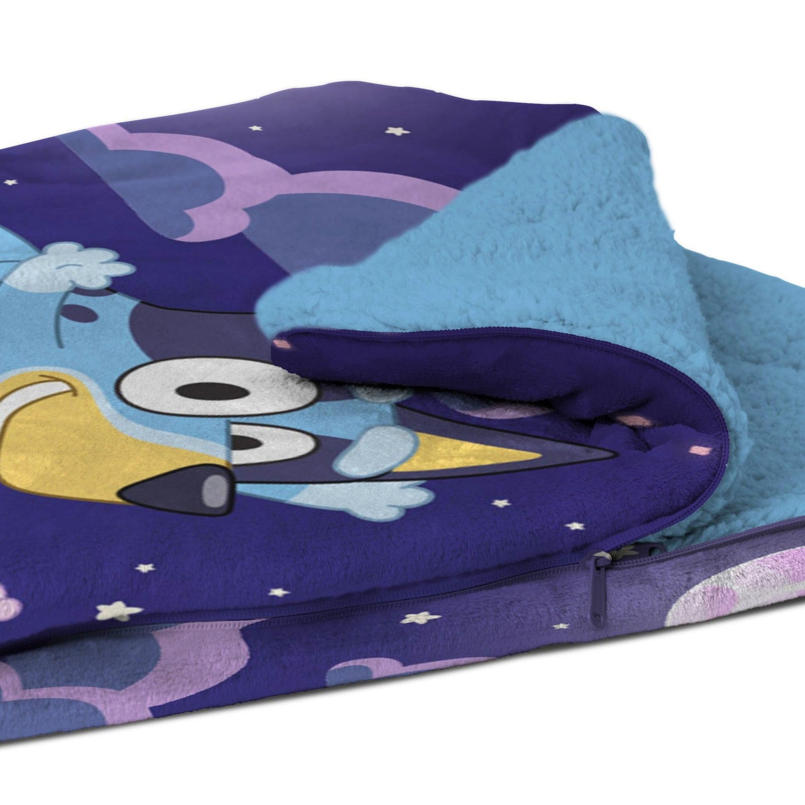Northwest Bluey Silk Touch Sherpa Slumber Bag with zipper, soft plush fabric, designed for cozy sleeping comfort.