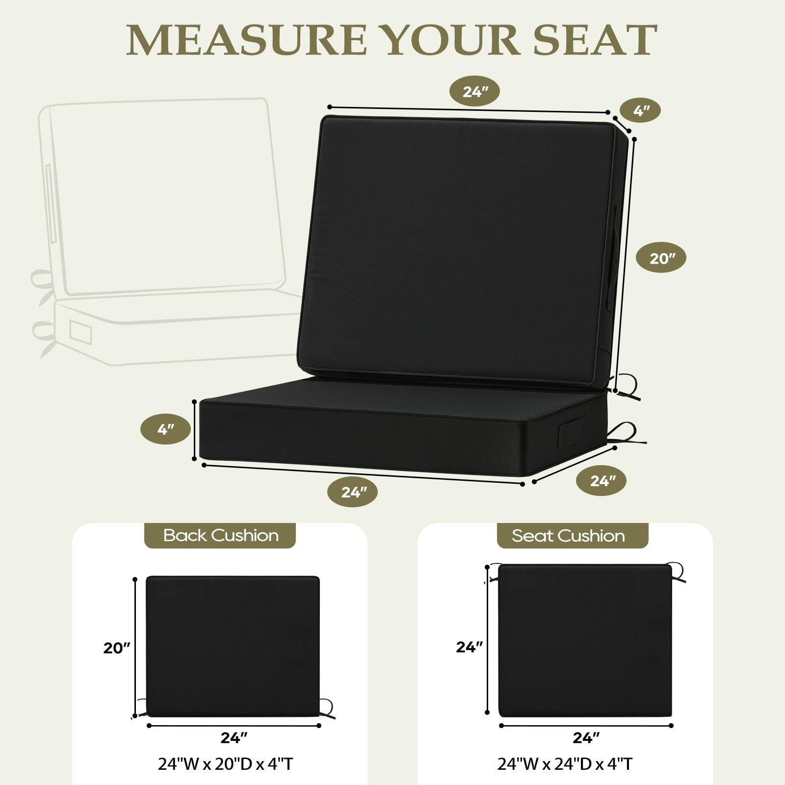 Wellsin waterproof outdoor seat cushions, 24x24 inches with ties, deep seating comfort for patio furniture.