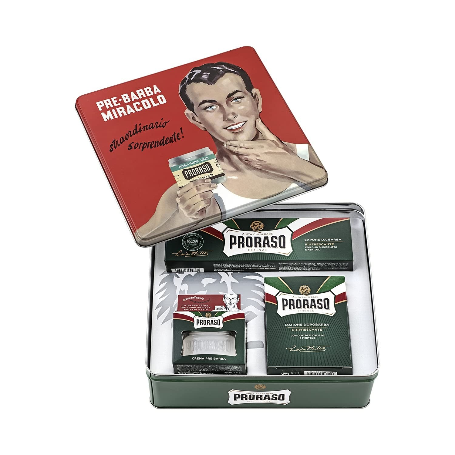 Proraso men's shaving kit featuring refreshing pre-shave cream and shaving cream in a sleek package.
