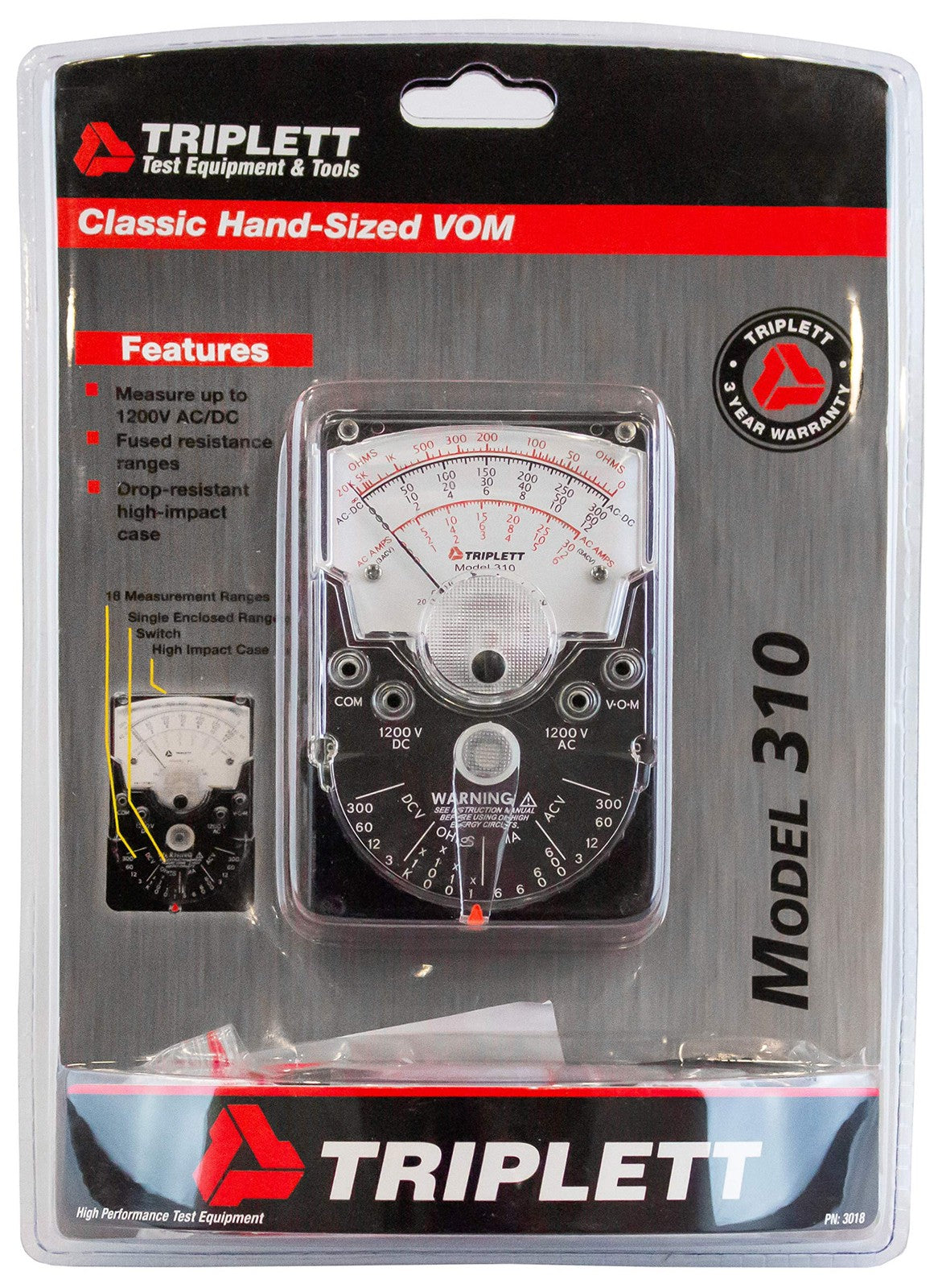 Triplett 3018 Model 310 handheld analog multimeter displaying dial for AC/DC voltage and DC current measurement.