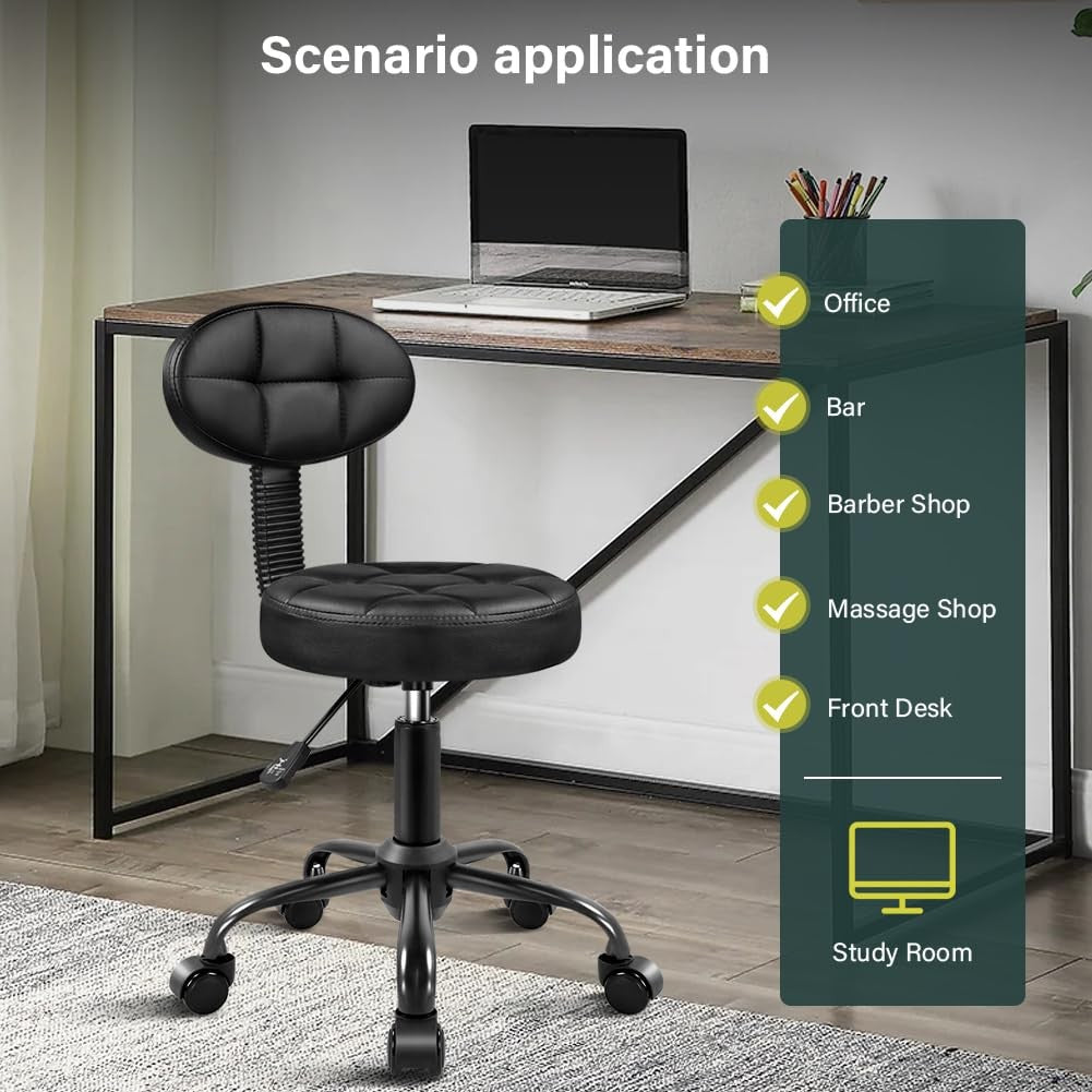 BFTOU round adjustable stool with backrest, ideal for work, spa, or massage settings, featuring a sleek design and height adjustment.