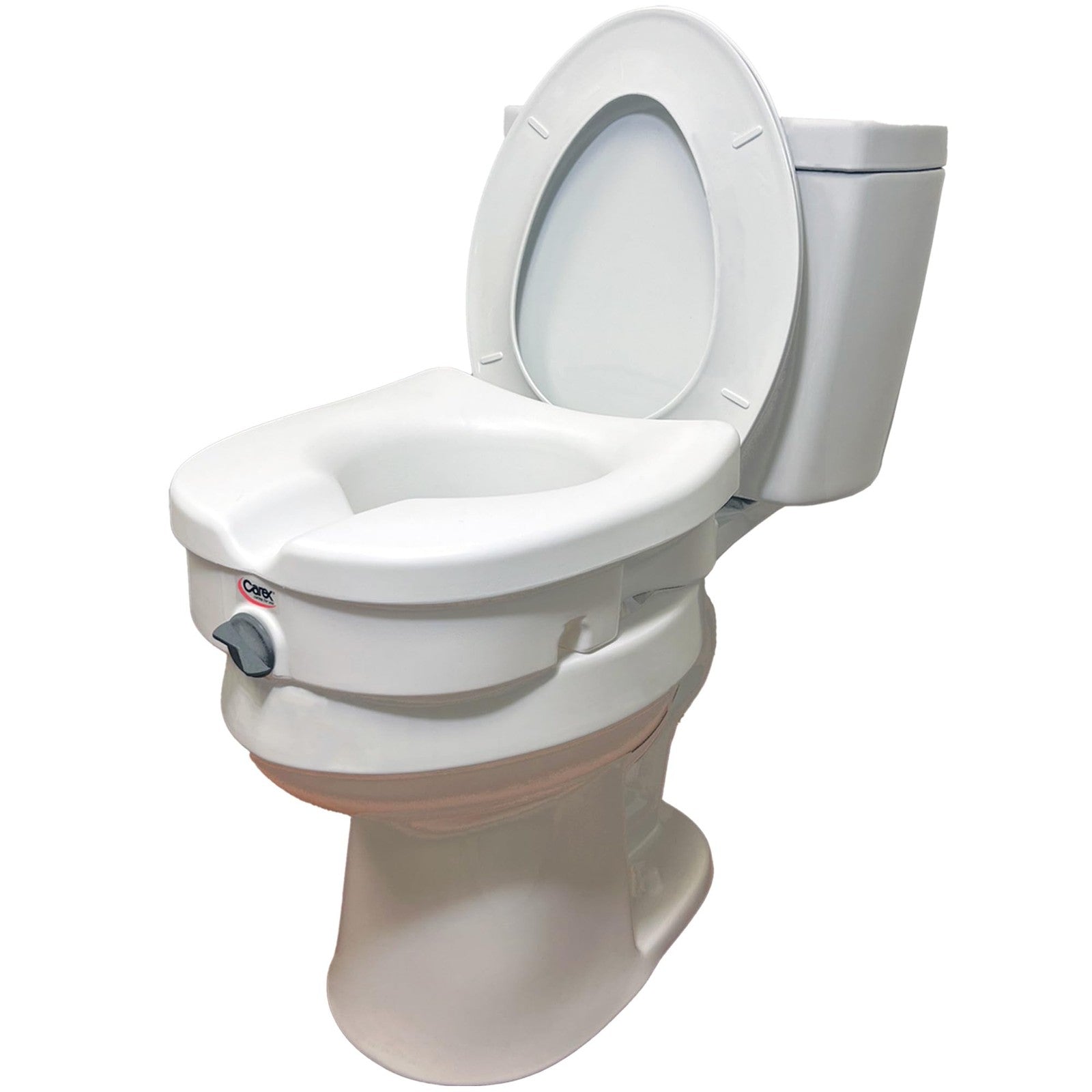 Carex E-Z Lock raised toilet seat with 5-inch height extension, white plastic seat with locking mechanism for safety and comfort