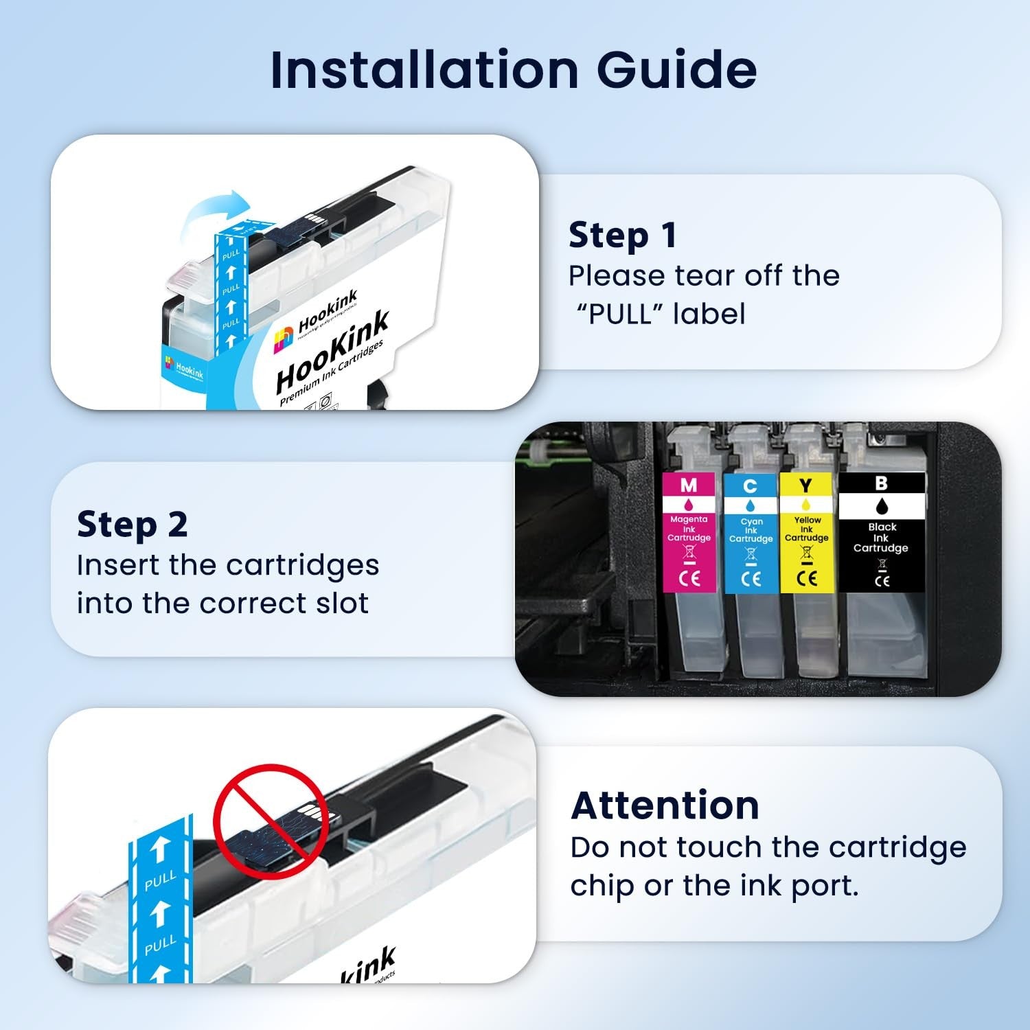 Hookink LC501XL ink cartridges compatible with Brother LC501 ink, shown in black and color cartridges for Brother printers.