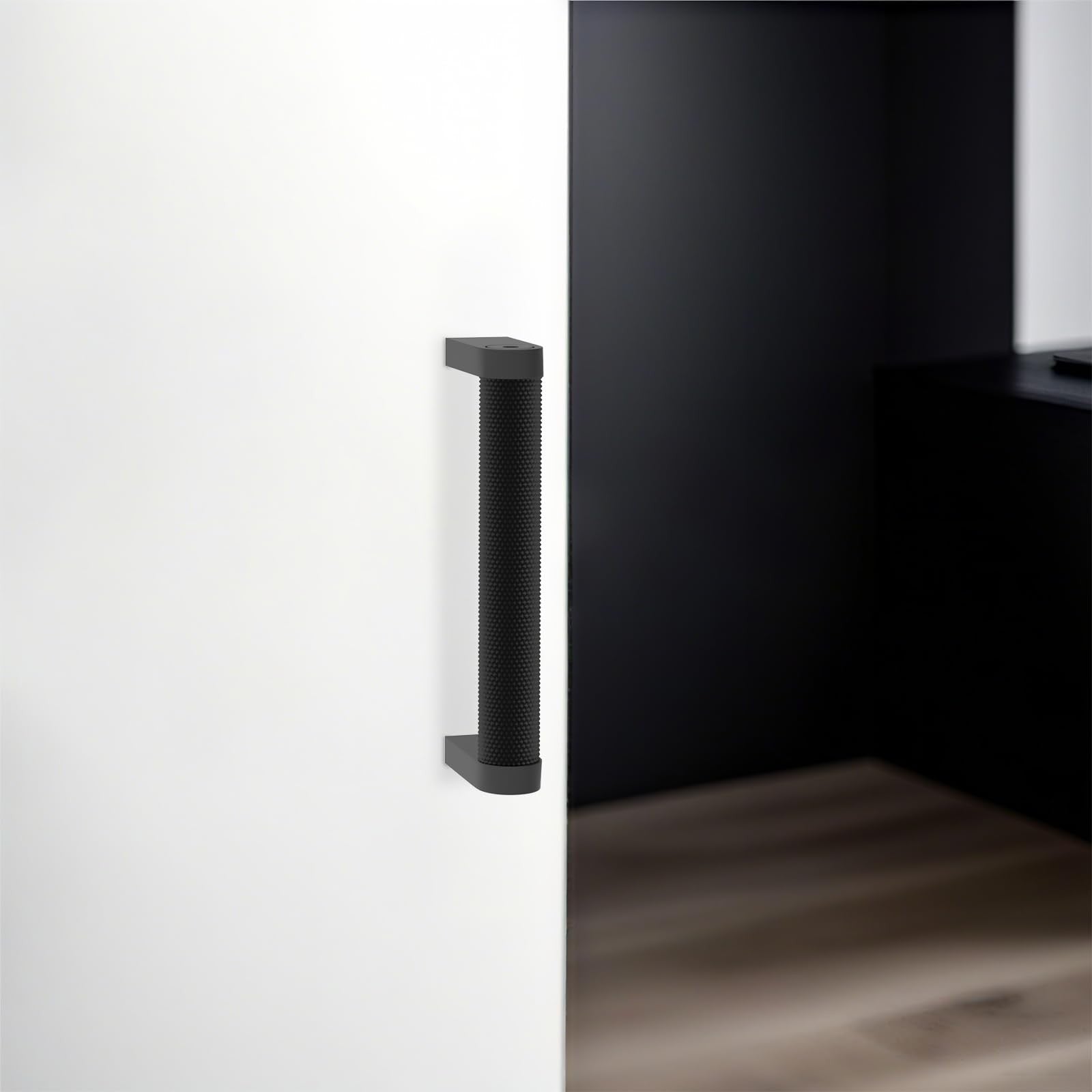 Set of 10 KOMOTIA matte black knurled cabinet pulls with 3-3/4 inch hole centers, ideal for kitchen cabinets and drawers.