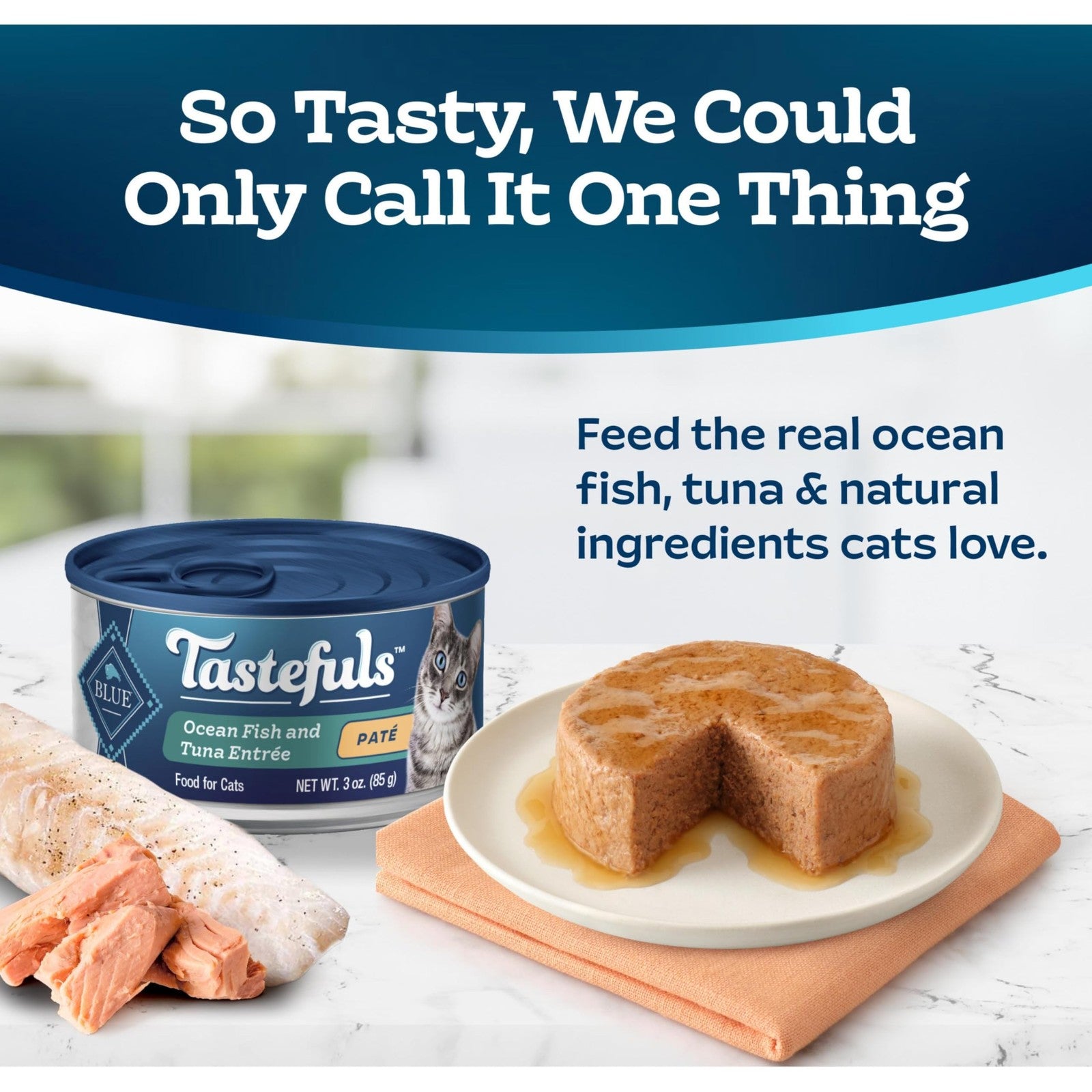 Blue Buffalo Tastefuls Wet Cat Food Paté in Ocean flavor, natural ingredients, served in a bowl with cat food.