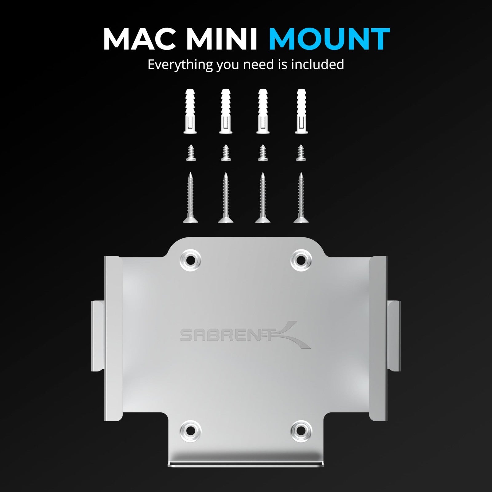 SABRENT aluminum desk and wall flex-mount for Mac mini (2024+), scratch-resistant finish, securely holds Mac mini in workspace.