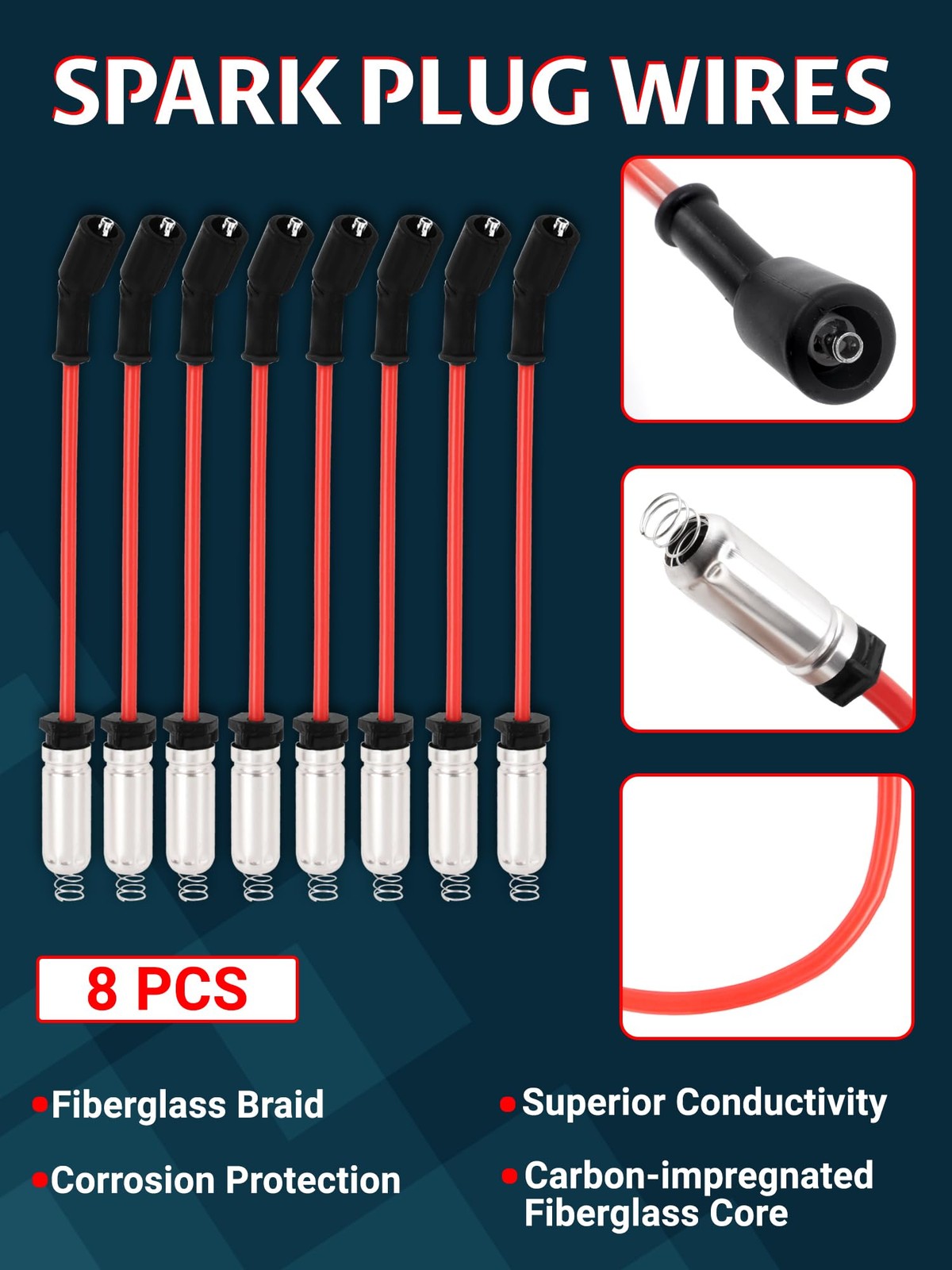 Ntoauto 9748HH 10mm spark plug wires with heat shields and 41-962 iridium platinum spark plug installed in an engine.