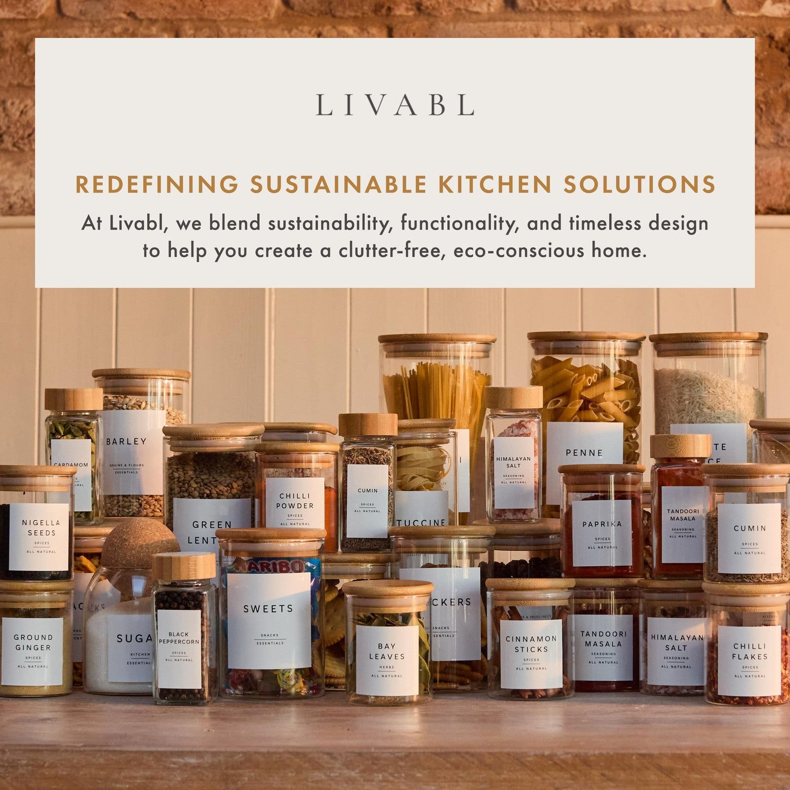 Livabl glass pantry storage containers with lids, set of 5, featuring 165 labels for organized kitchen storage.