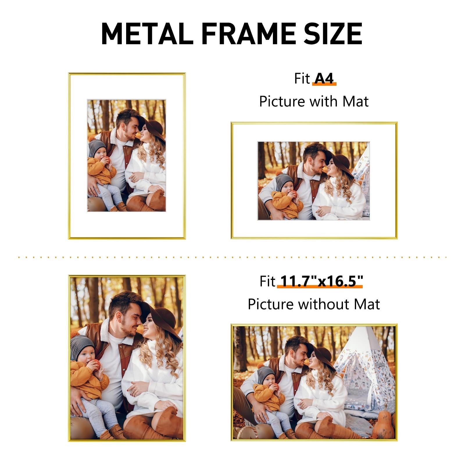 Homso A3 gold metal picture frame with acrylic plex, set of 2, thin border design for displaying artwork or photos.