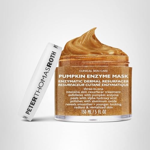 Peter Thomas Roth Pumpkin Enzyme Mask with exfoliating enzymes and dermal resurfacing properties, shown in a jar with pumpkin extract.