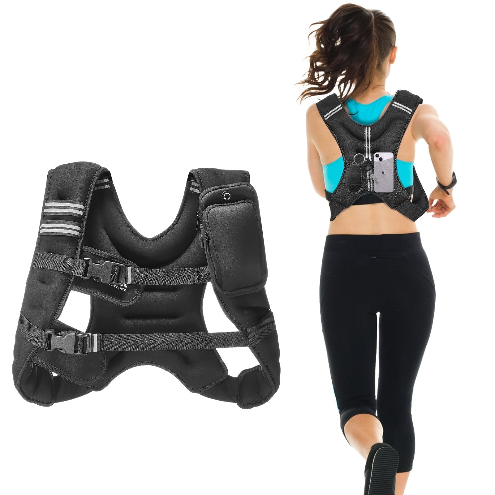 VEVOR weighted vest with 12 lbs weight, adjustable straps, and reflective stripe for fitness and training use.