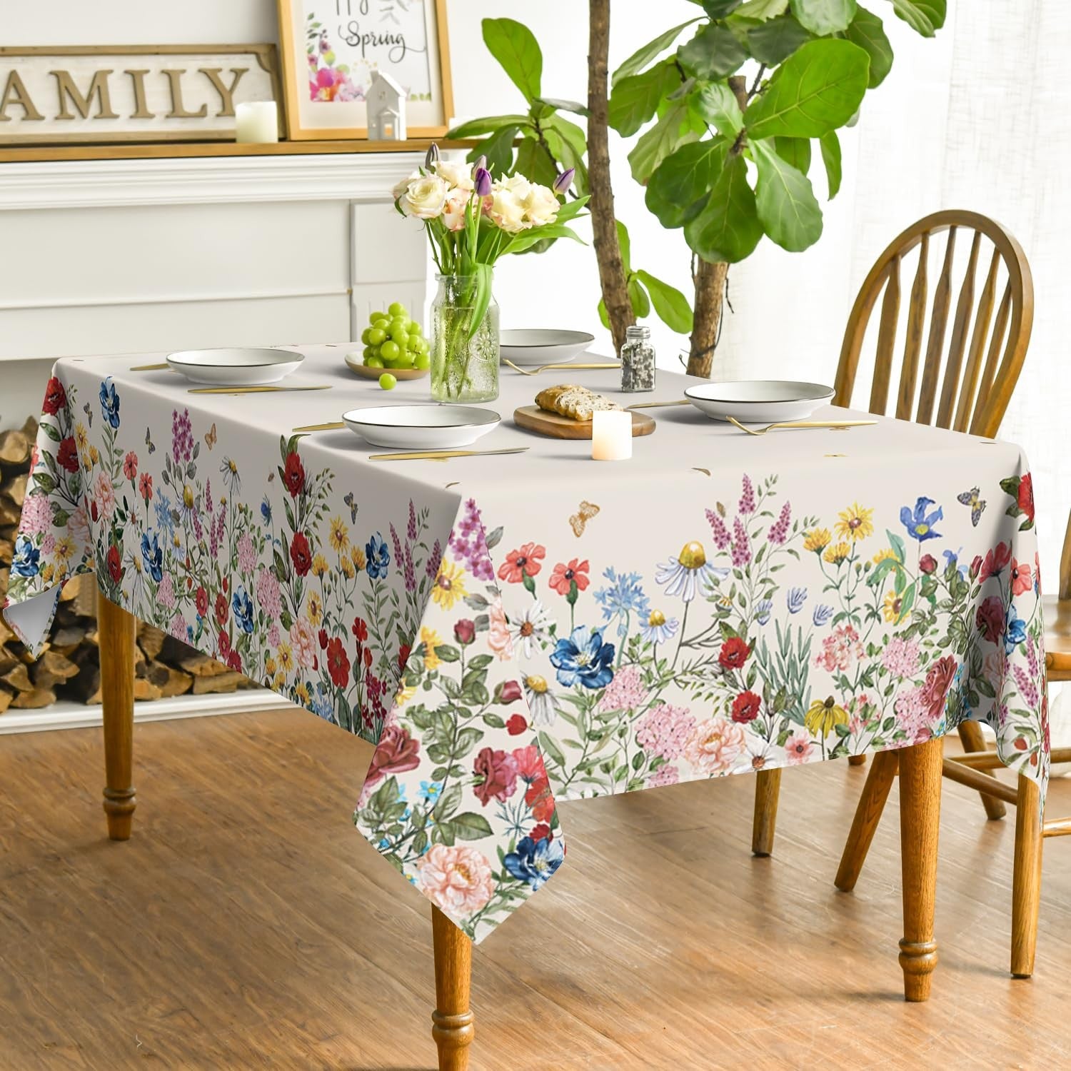 Horaldaily vintage beige spring tablecloth with floral pattern, rectangular 60x140 inches, showcasing a charming floral design.