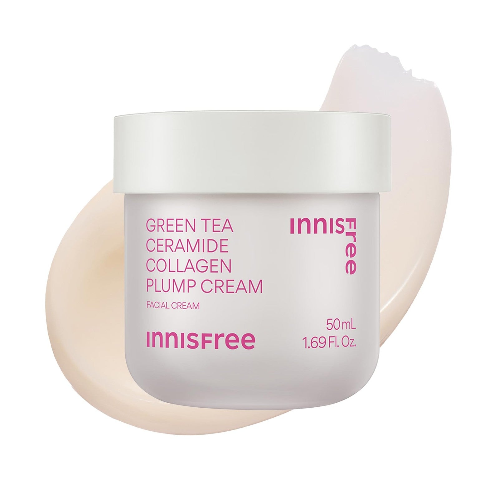 innisfree Green Tea Ceramide Collagen Plump Cream jar showing the moisturizer with green tea and collagen ingredients for Korean face skincare