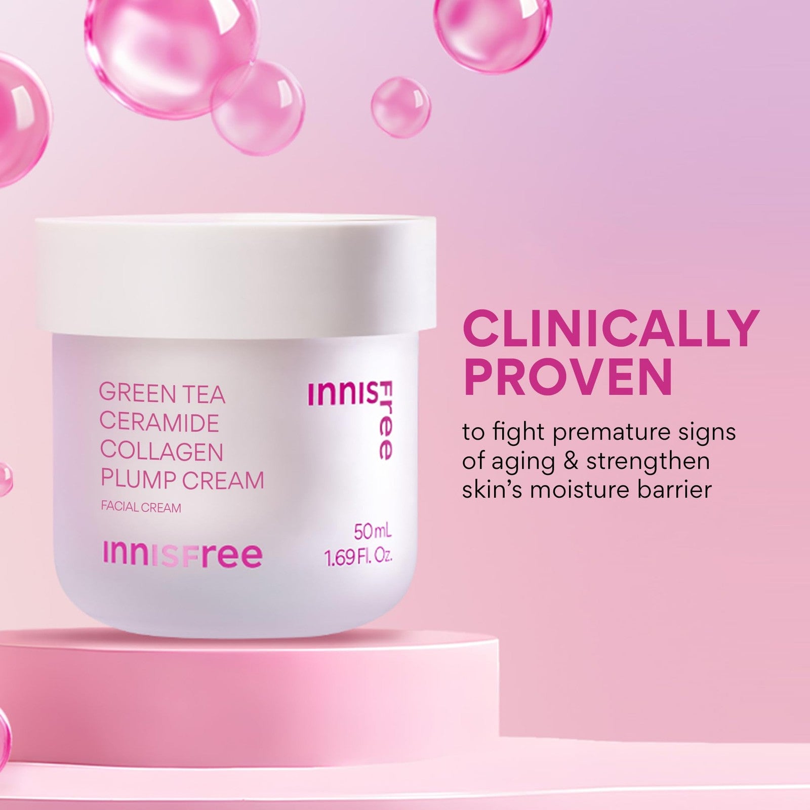 Innifree Green Tea Ceramide Collagen Plump Cream jar with green tea leaf design, Korean face moisturizer for hydrating and firming skin.