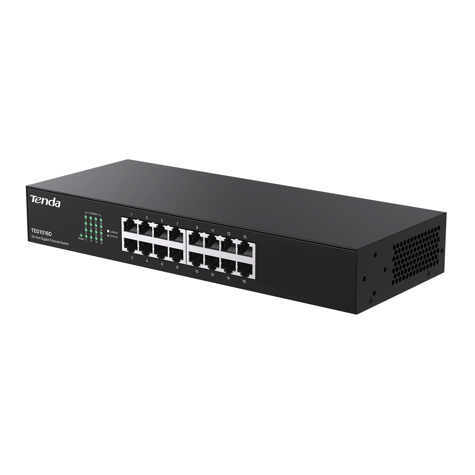 Tenda TEG1016D 16-port Gigabit unmanaged desktop network switch with LED indicators on front panel.