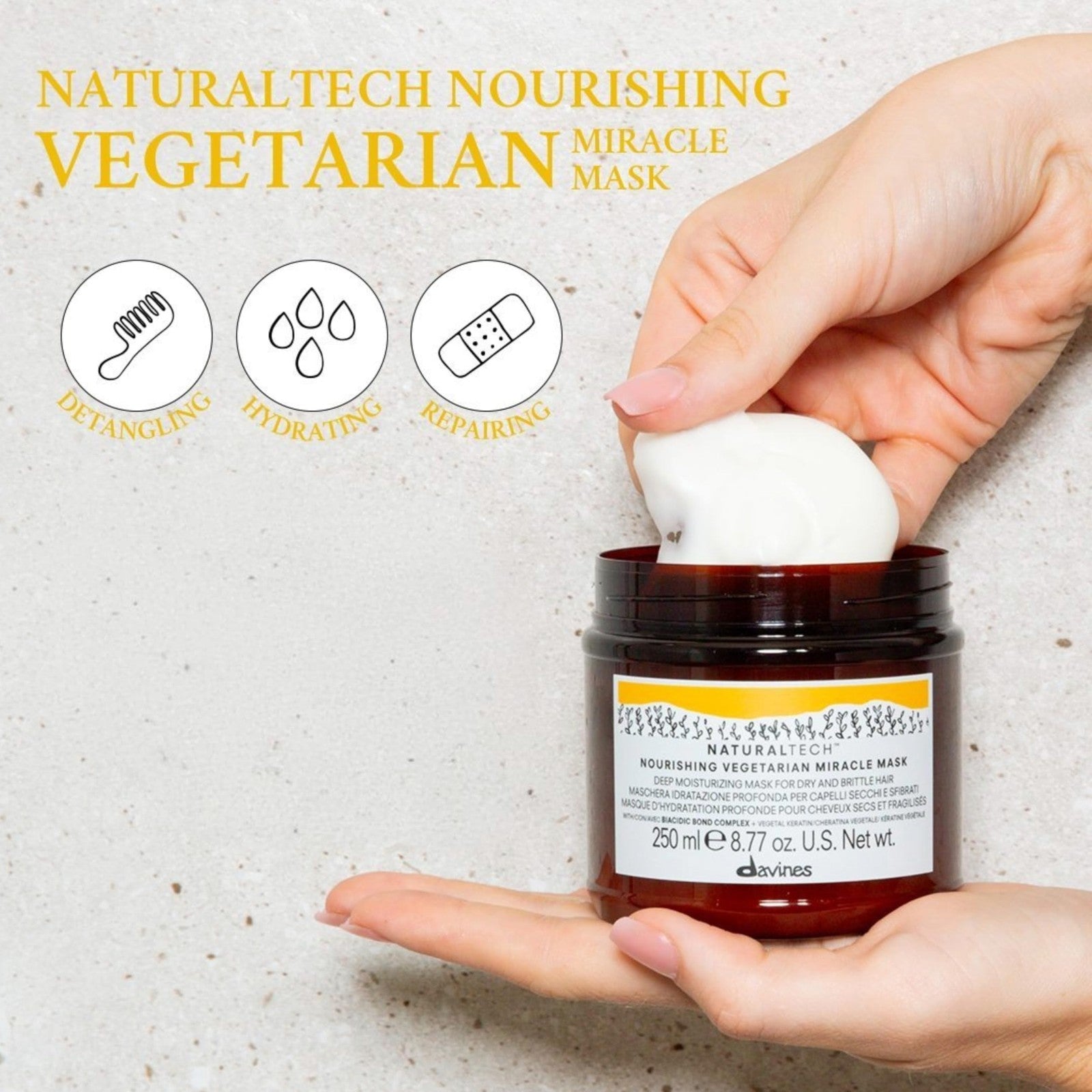 Davines Naturaltech Nourishing Vegetarian Miracle Mask in a tub, deep moisturizing hair treatment for healthy, hydrated hair.
