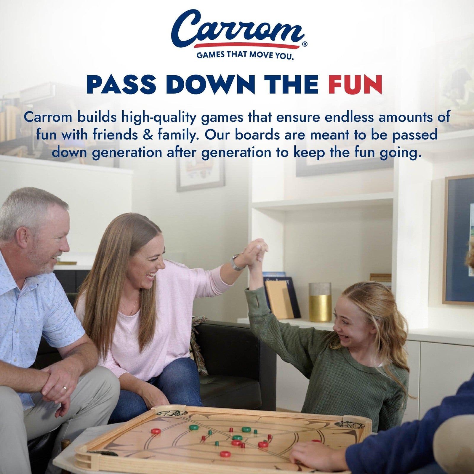 Carrom brand large wooden carrom board game set with striker and coins for adults and children to play indoors.