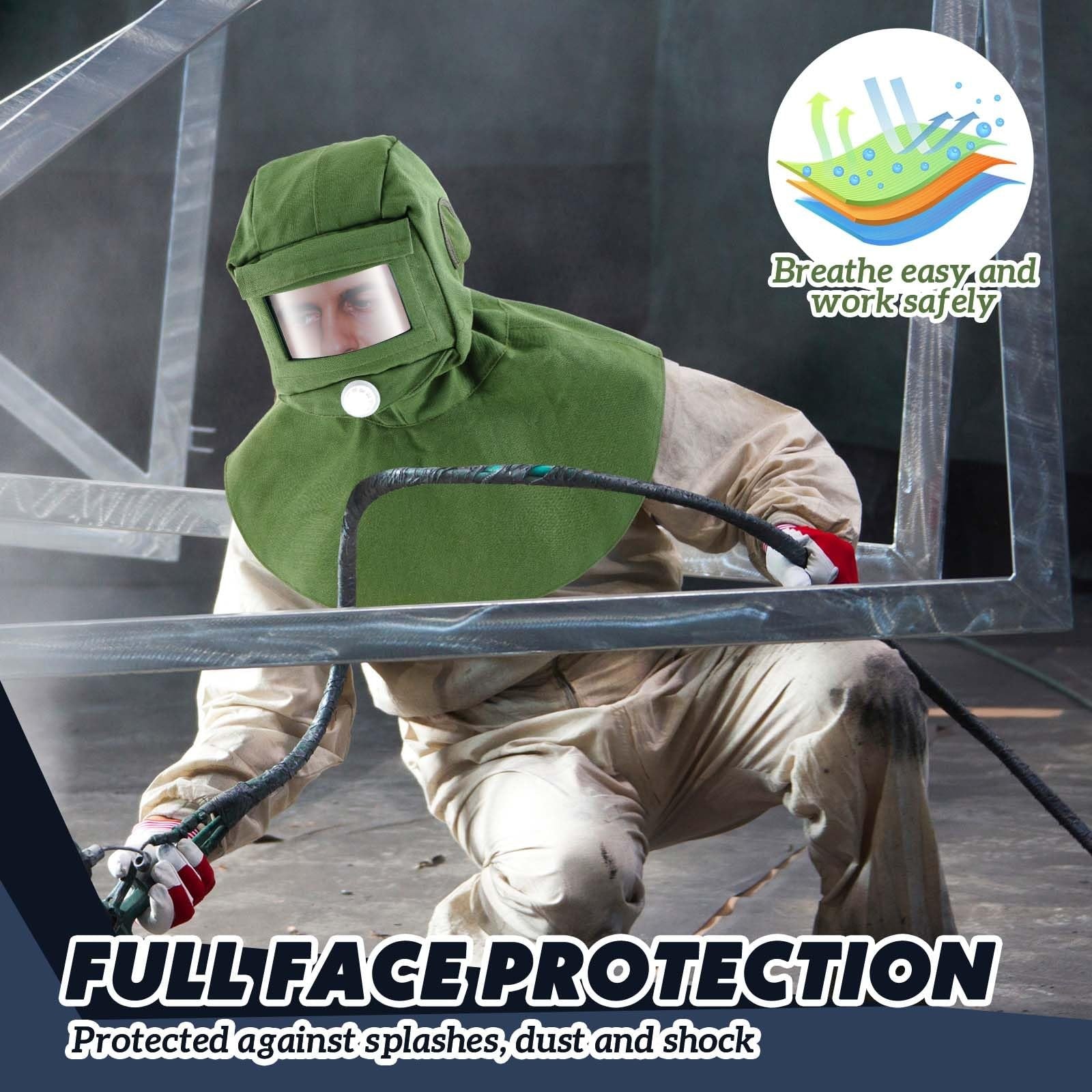 Jecery 11-pack sand blasting hood masks with replacement PC lenses and canvas shawl caps, showing protective gear and masks on a display.