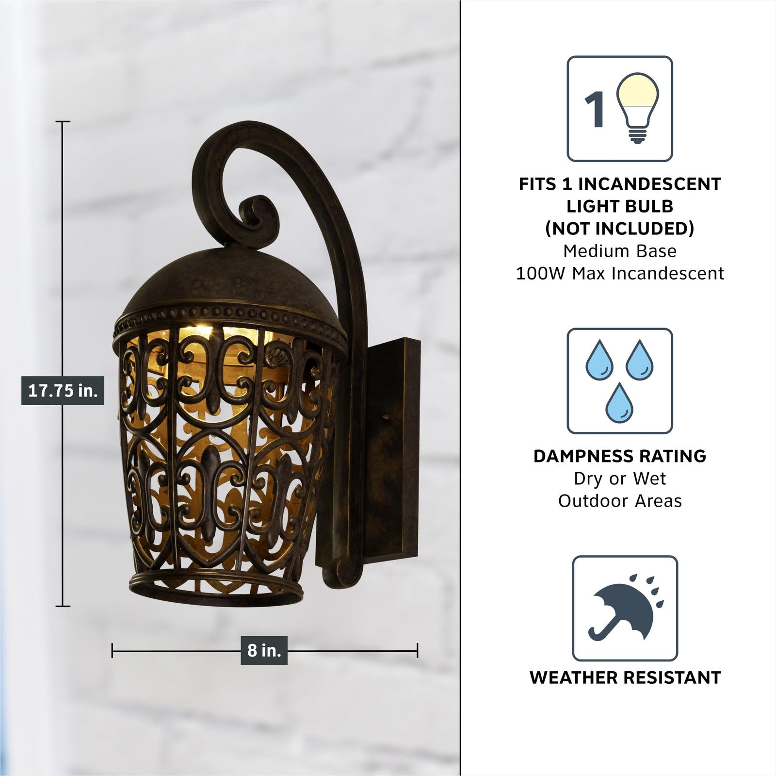 Outdoor wall light fixture by Designers Fountain Amherst, 17.75 inches tall, exterior wall mount with classic design, unbranded.