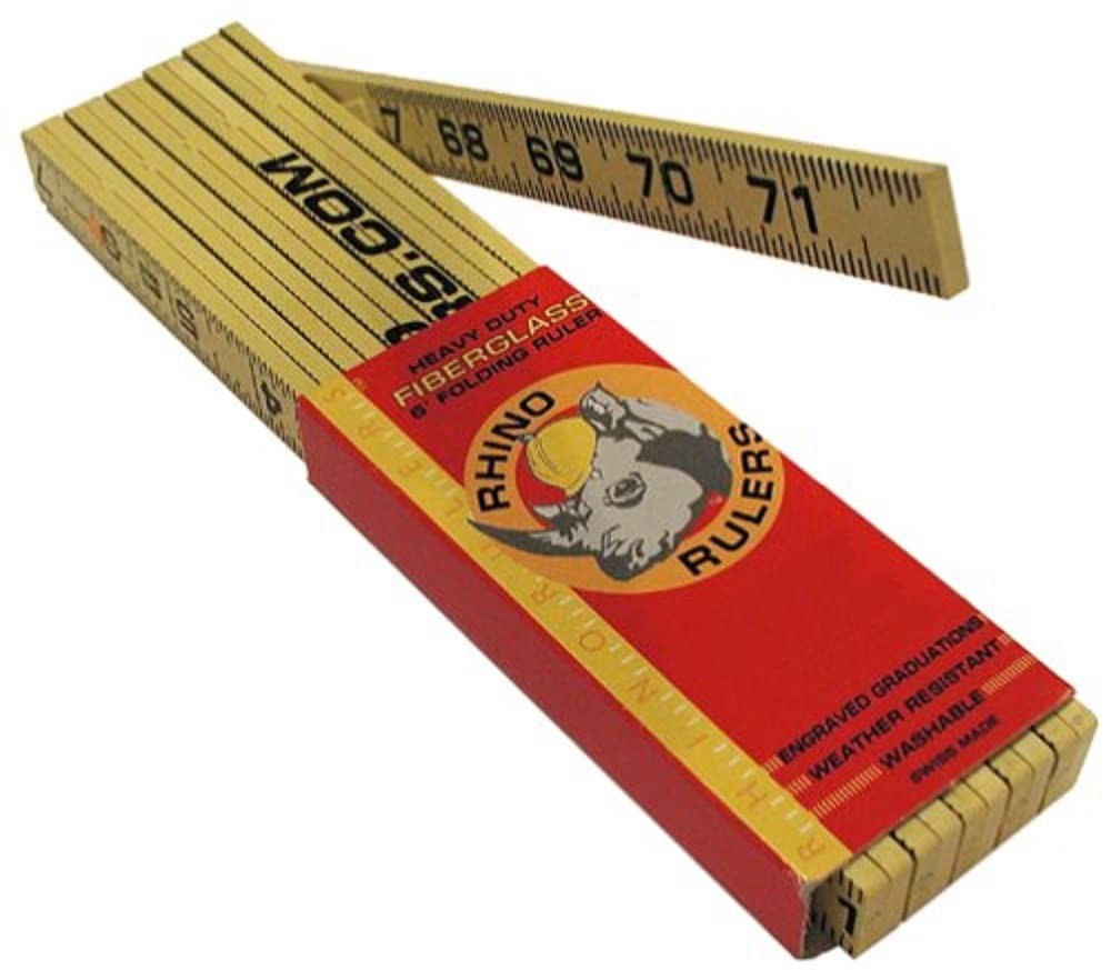 Rhino Rulers folding outside reading carpenter's ruler extended to 6 feet, showing measurement markings and folding design.