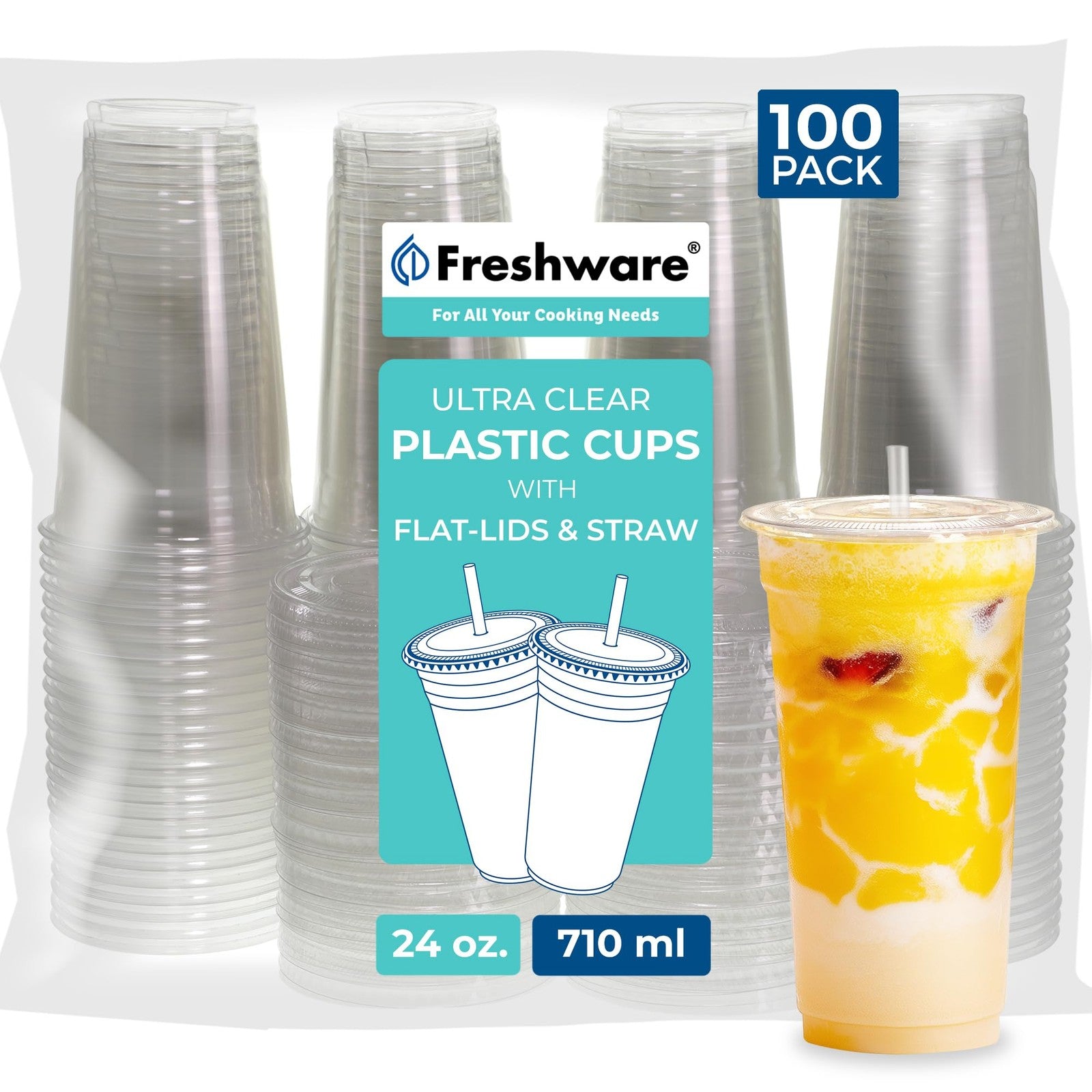 Set of 24 oz clear plastic cups with flat lids and straws by Freshware, showing the cups stacked with lids and straws inside.
