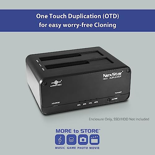 Vantec NexStar JX dual bay USB 3.2 Gen1 SATA III drive dock with clone function, shown connected and ready for use.