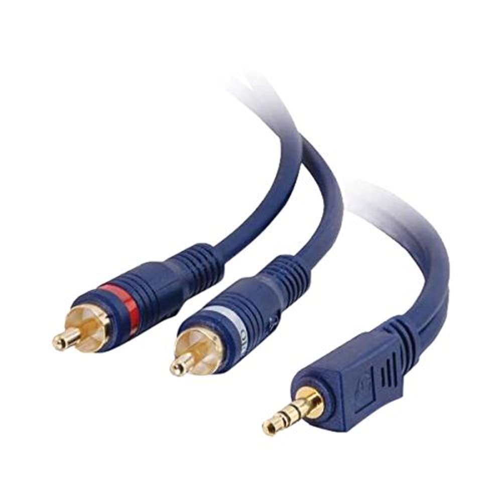 Blue C2G 3.5mm to RCA Y-Cable 50-foot splitter audio cable showing the 3.5mm jack and RCA connectors.