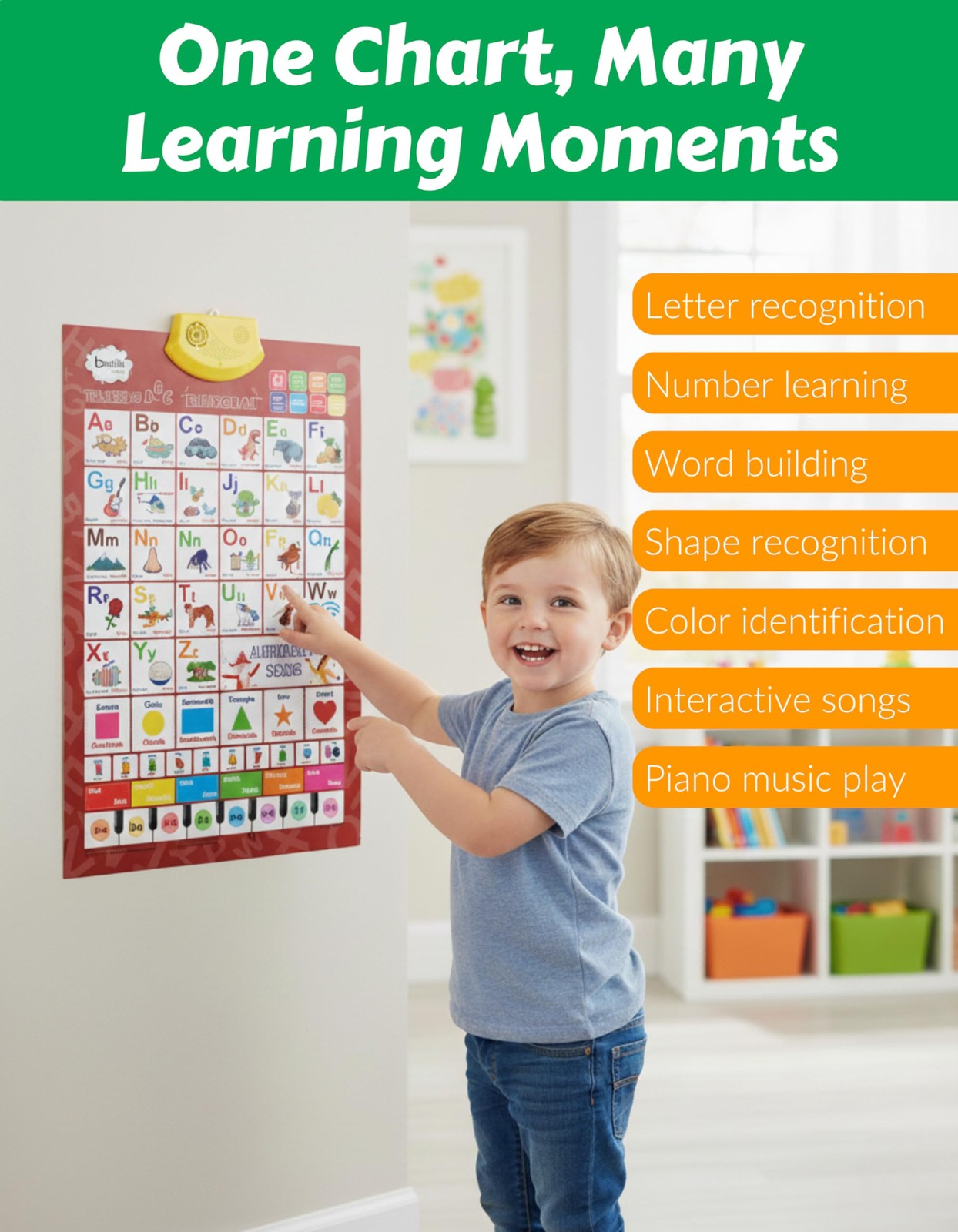 Colorful bilingual English and Spanish alphabet wall chart by Boxiki Kids, featuring letters and images for early language learning.
