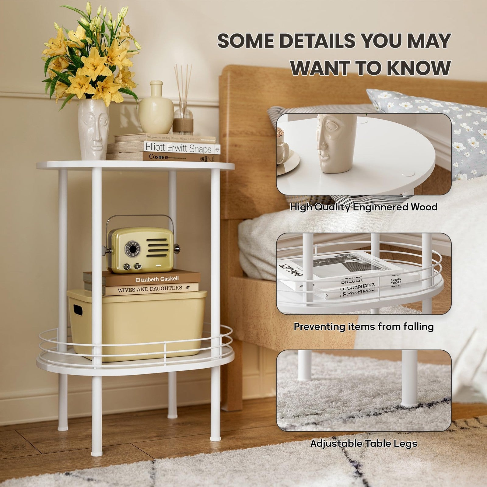 Small modern oval side table with two tiers and storage from DGSANDGO, sturdy design for living room, featuring a sleek, contemporary look.