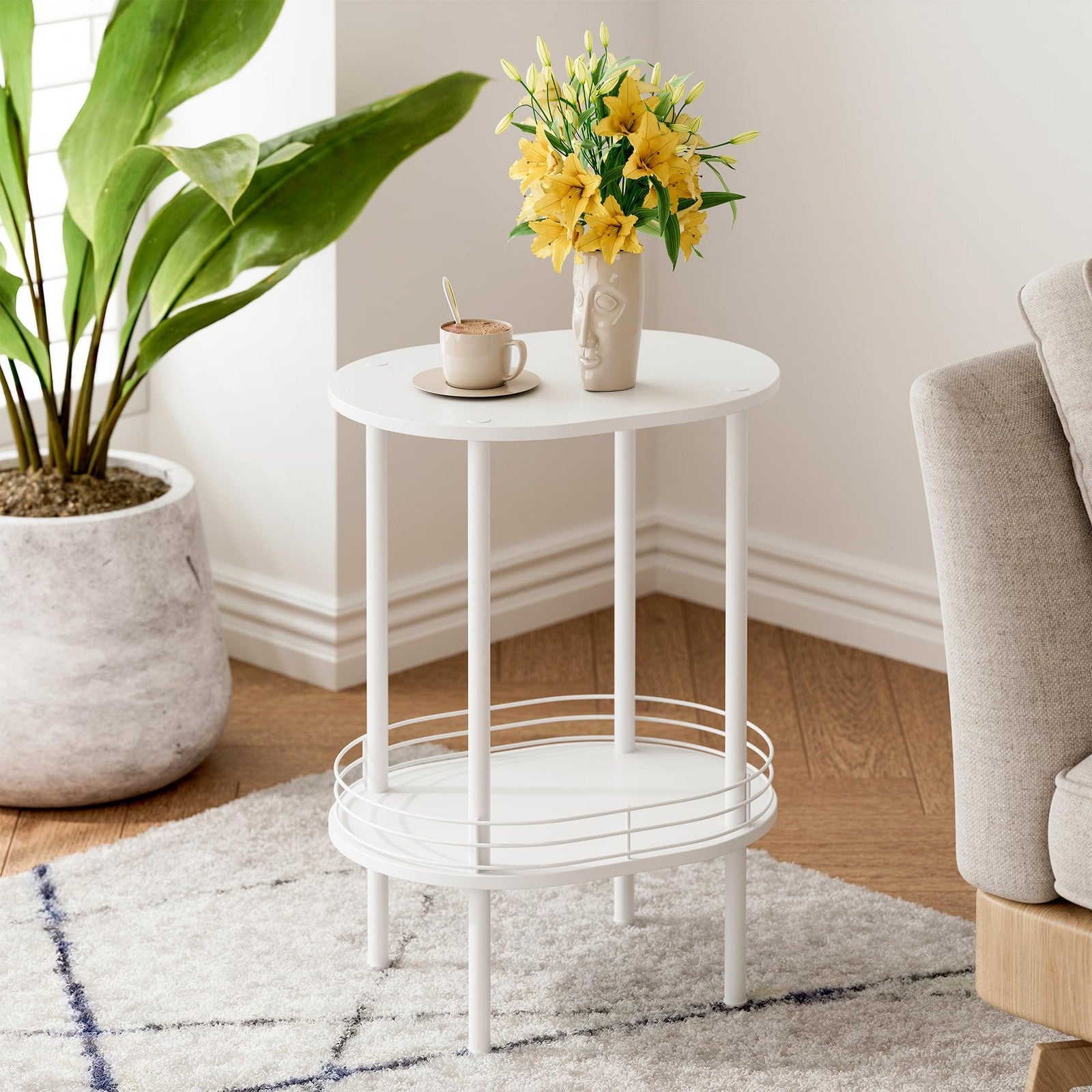 Small modern oval side table with storage, two-tier design, sturdy construction, perfect for living room decor by DGSANDGO.