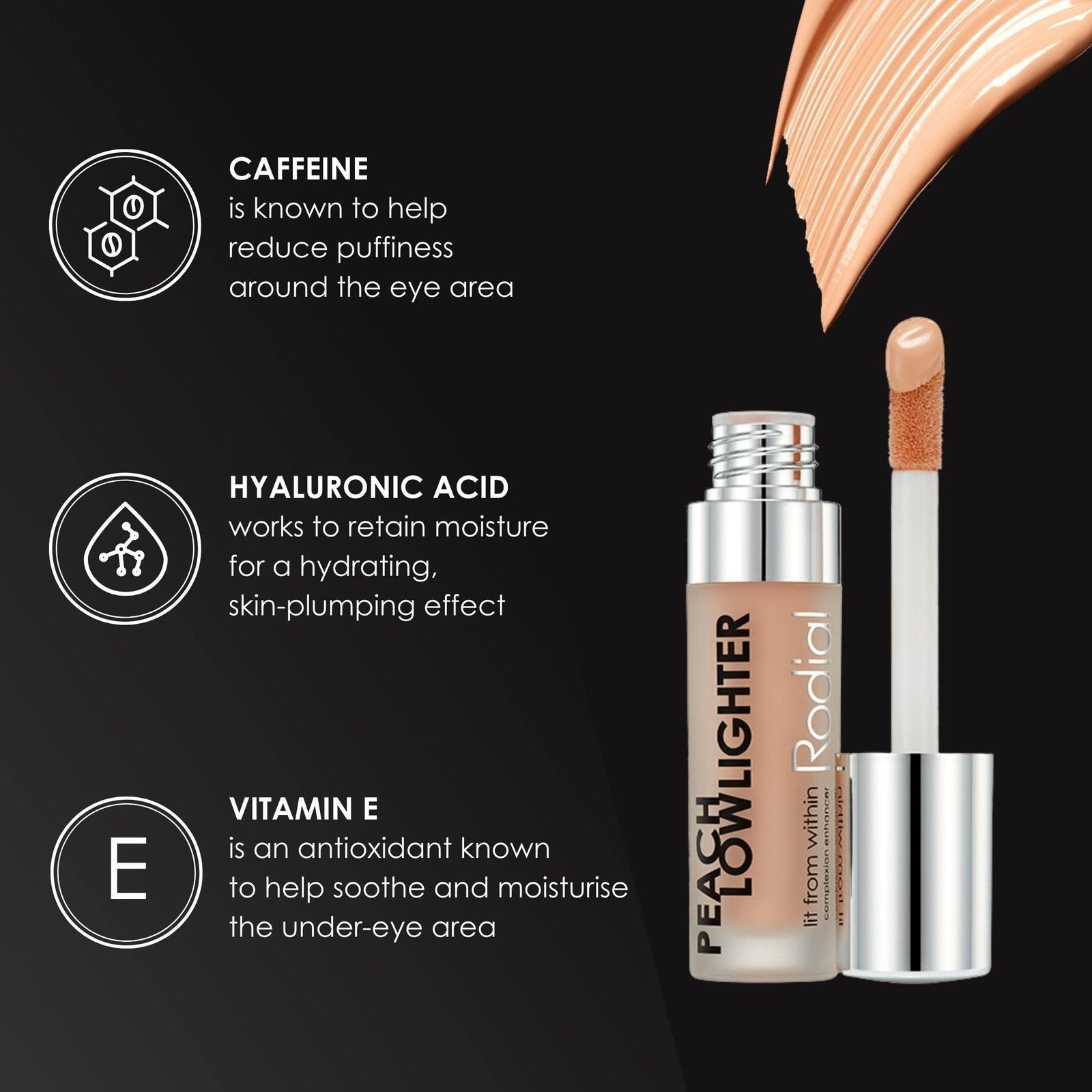 Rodial Peach Lowlighter under eye brightener tube with peach-colored hydrating formula and sleek packaging.