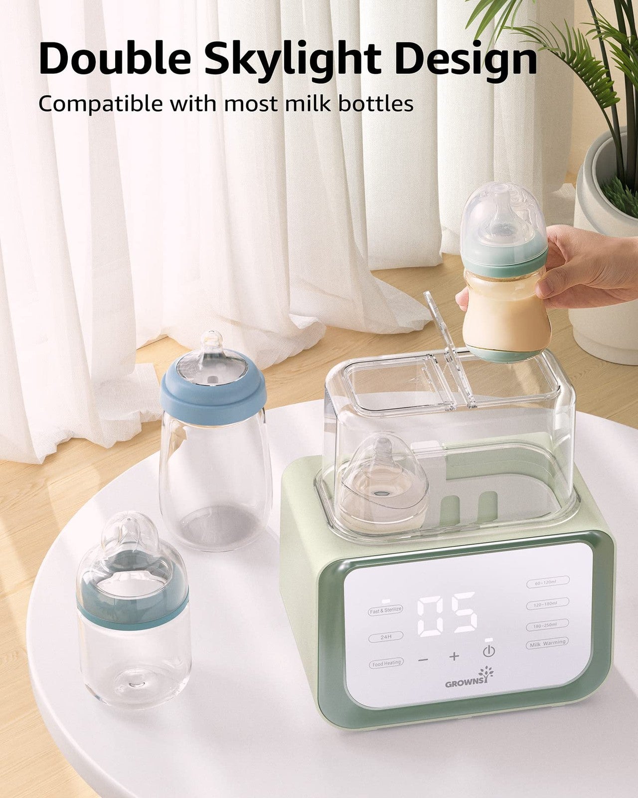 GROWNSY 8-in-1 baby bottle warmer with digital timer, showing milk bottle and control panel for breast milk or formula warming.