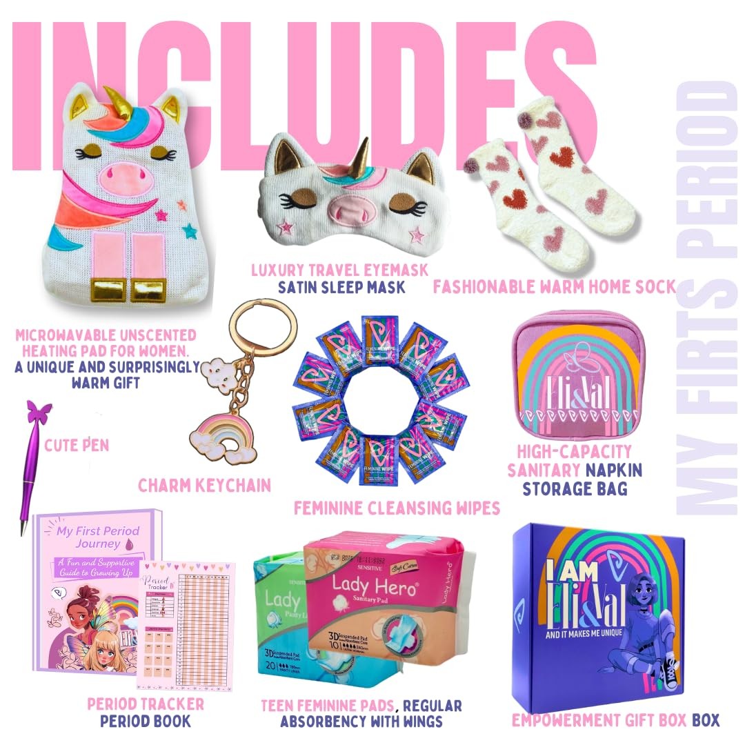 ELI&VAL first period kit for girls aged 9-12, including tampons, pads, and educational materials for tweens and teens.
