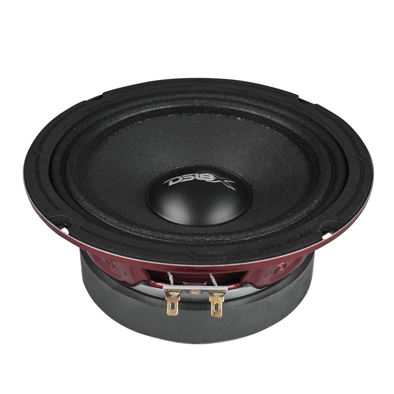 DS18 Pro-X6.4M 6.5-inch red aluminum midrange loudspeaker with 500W max power and 250W RMS, showcasing its bullet design.