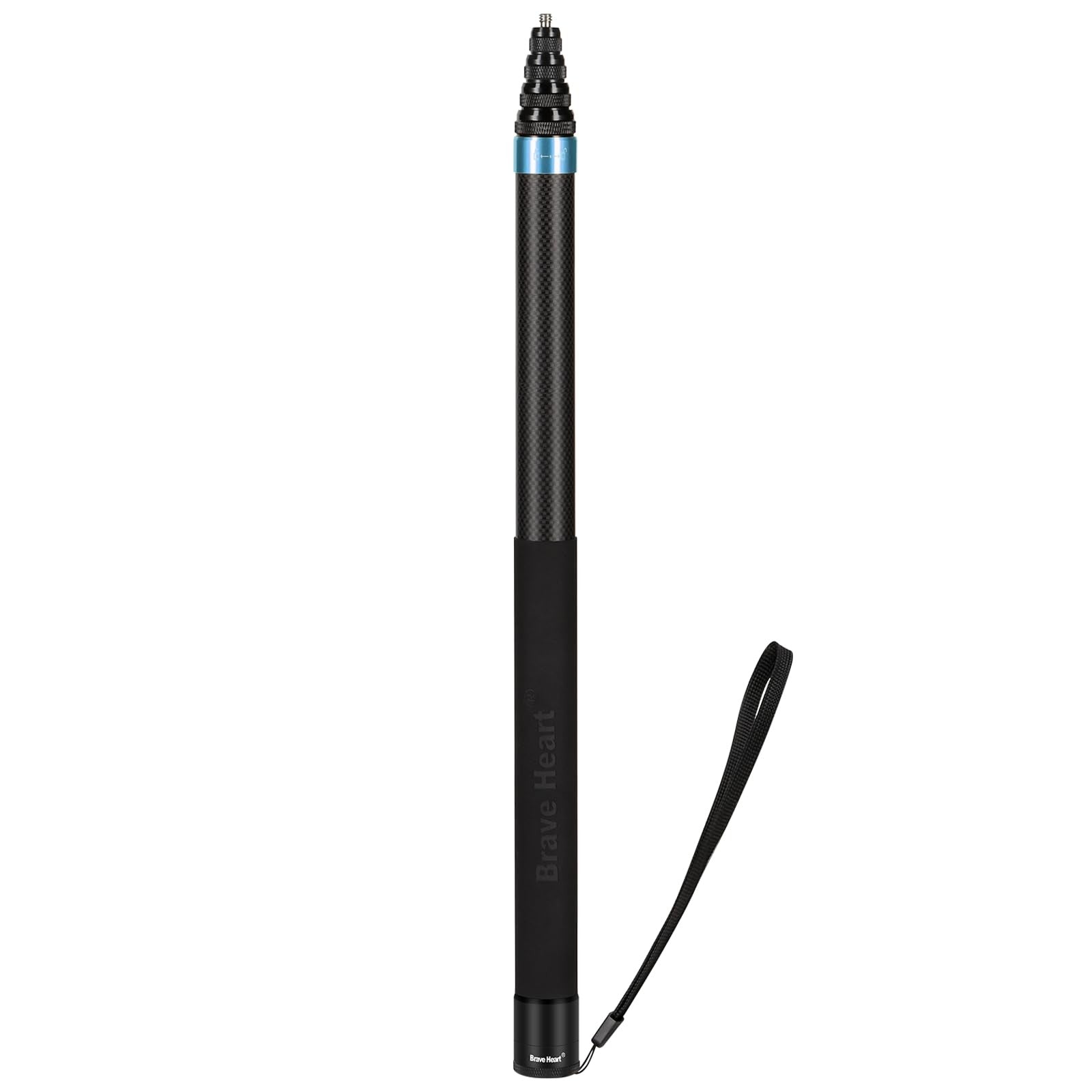 Brave Heart 118-inch invisible carbon fiber selfie stick for Insta360 X5, X4, X3, ONE X2, R, X, GO, showcasing extended selfie stick in use.