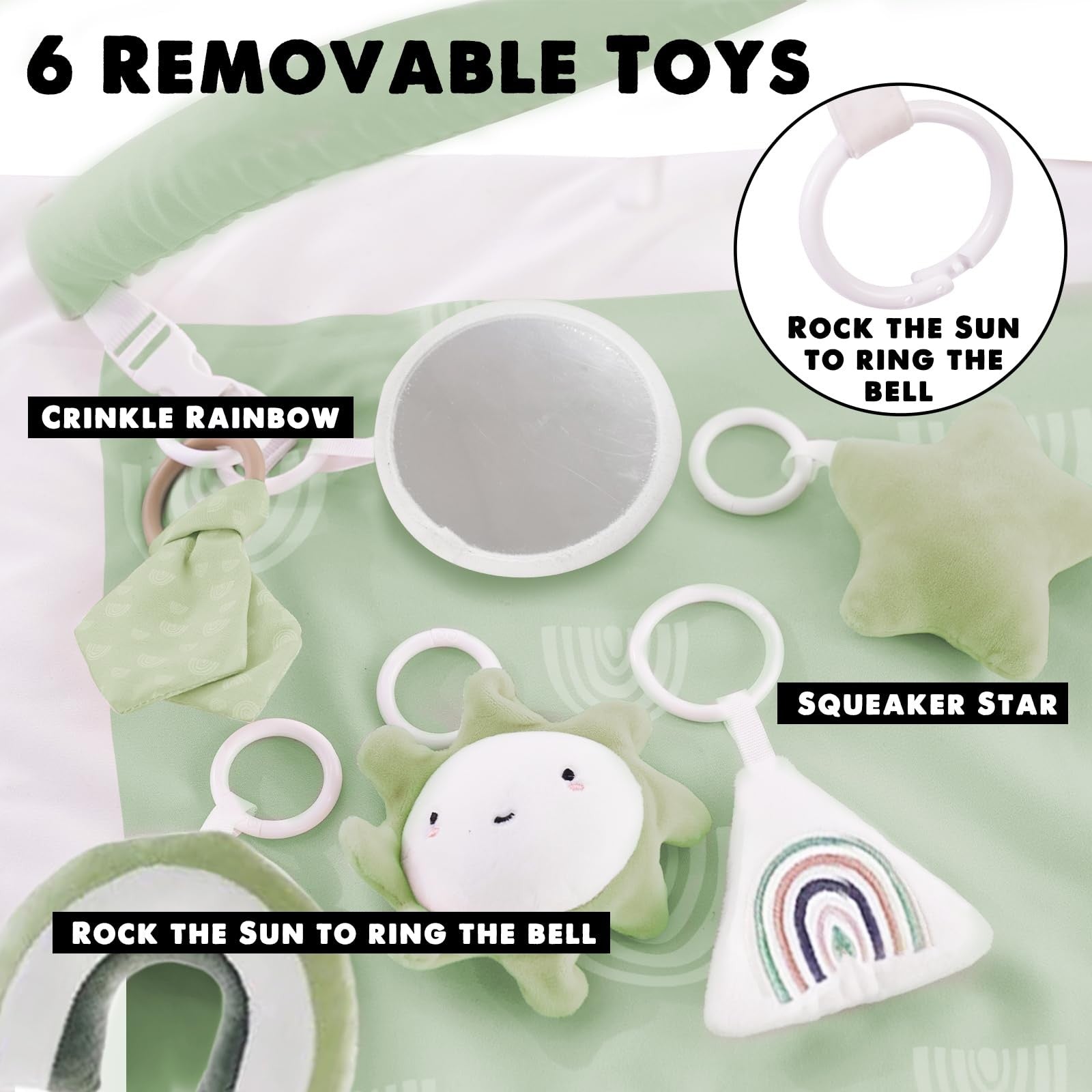 Mallify washable tummy time mat for babies with colorful toys, soft play gym designed to encourage tummy time and motor skills development.