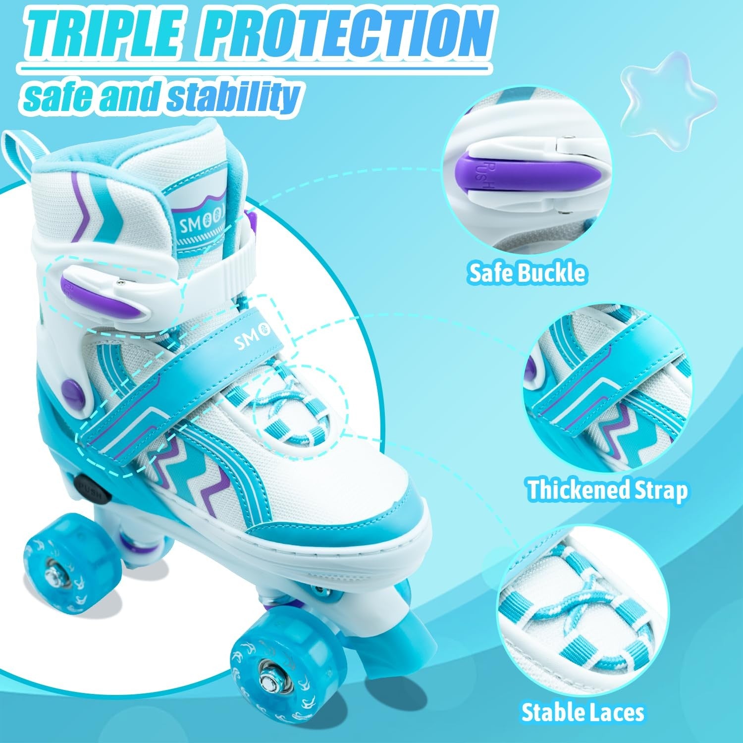 SMOOJOY kids roller skates for boys and girls in adjustable sky blue with secure straps and wheels for outdoor skating fun.